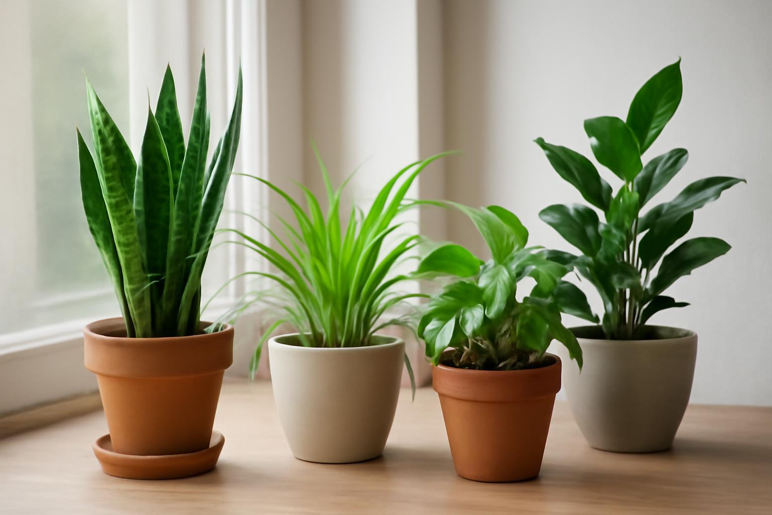 Négy különböző szobanövény, köztük sansevieria és zöld fű, cserepekben.