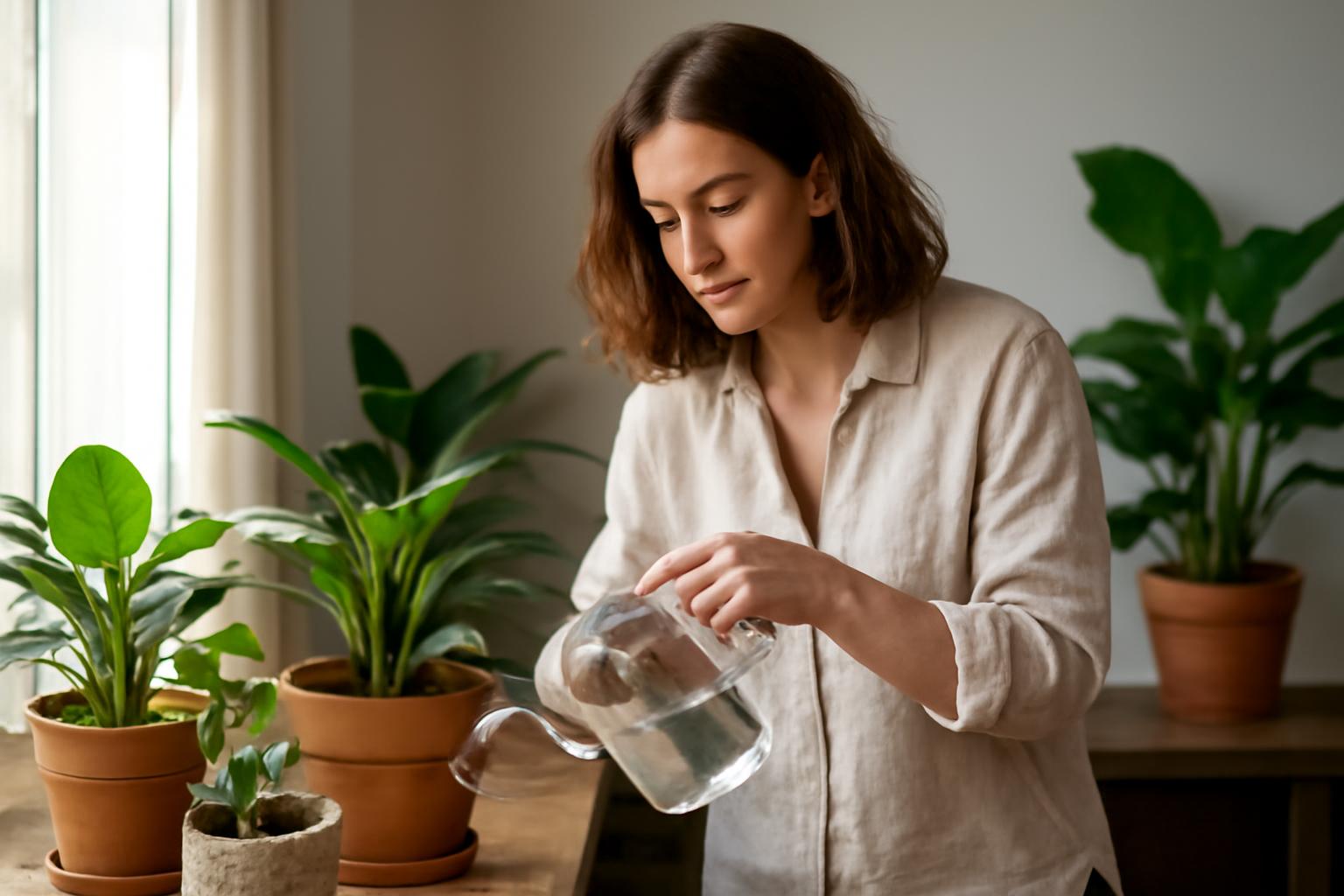 Egy nő öntöz egy cserepes növényt, miközben zöld szobanövények veszik körül.