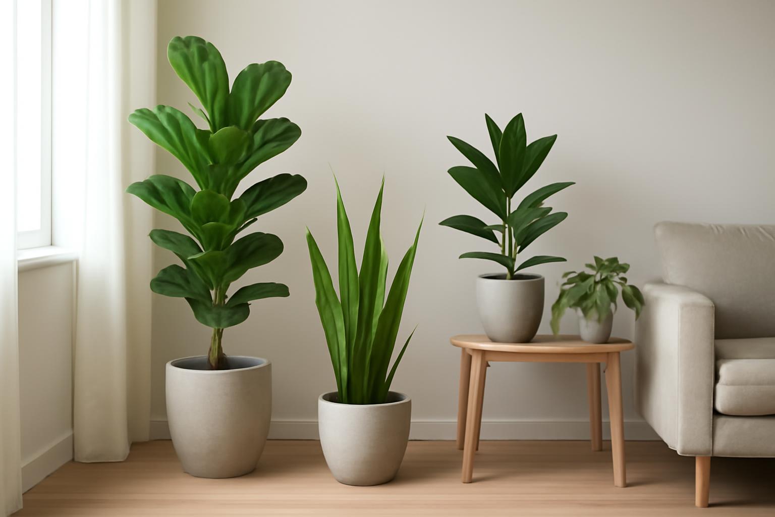 Modern szobanövények, mint a Fikusz és Sansevieria, letisztult otthonban.