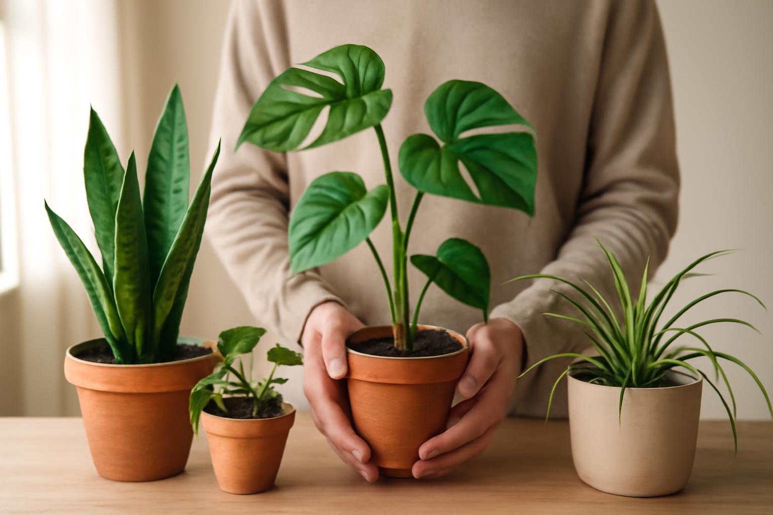Különböző szobanövények, mint a Monstera és Sansevieria, cserepekben.