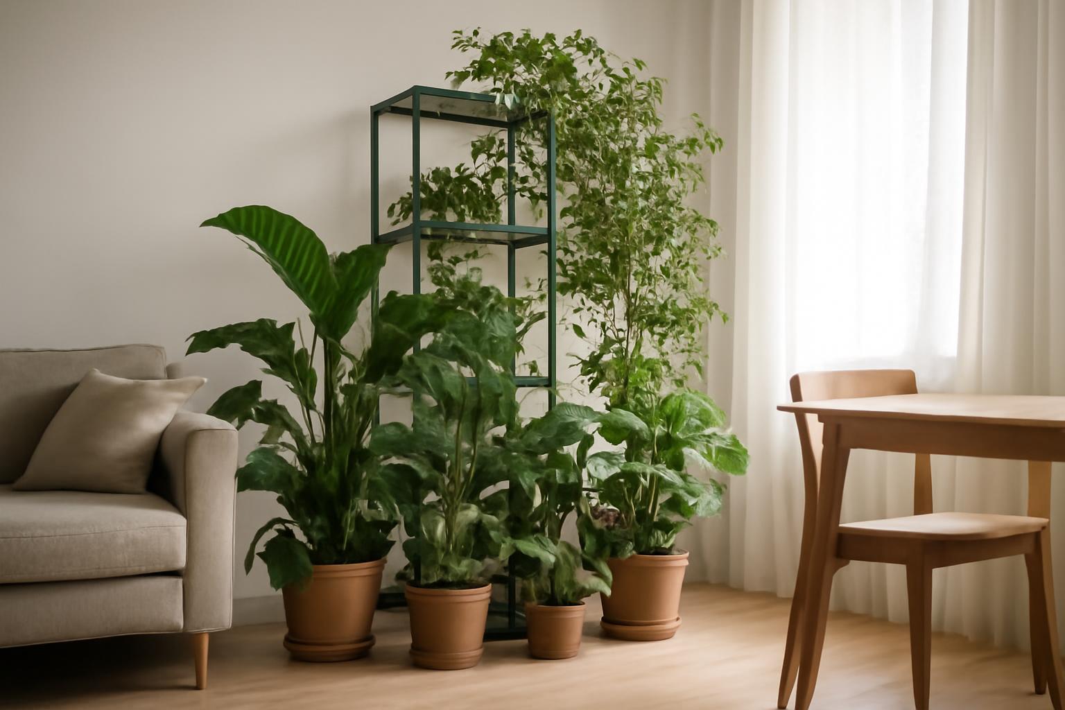 Zöld szobanövények csoportja egy világos szobában, térelválasztóként.