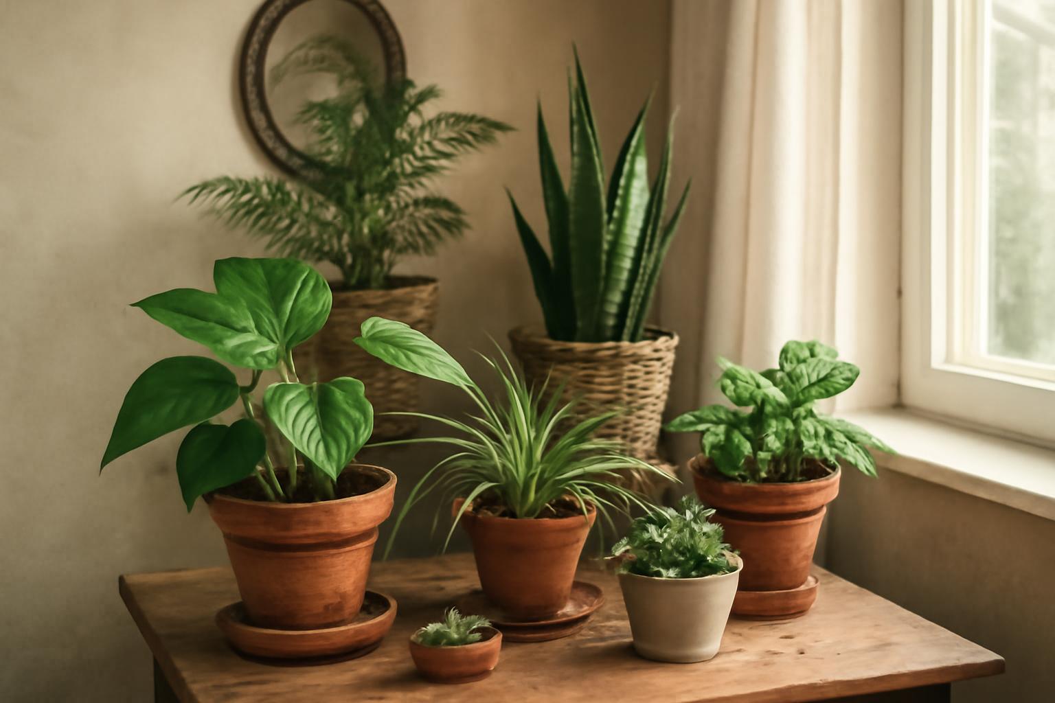 Vintage stílusú szobanövények, terrakotta edényekben, világos szobában.