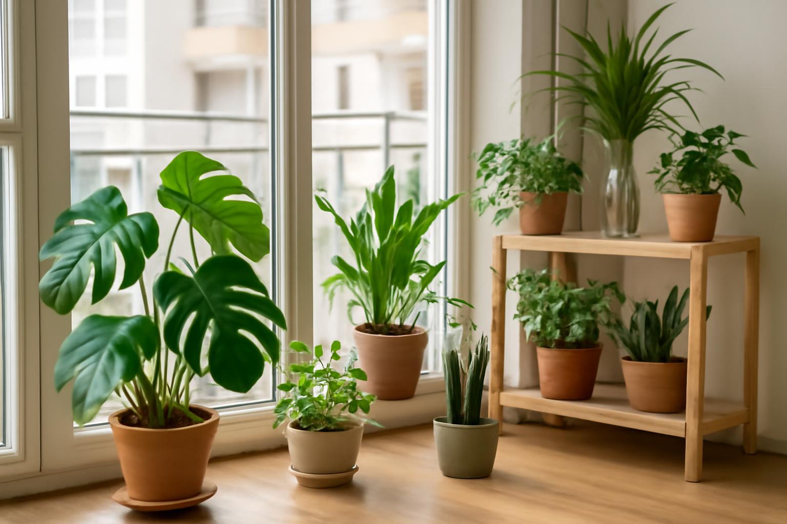 Zöld szobanövények, köztük Monstera és fűszernövények, világos lakásban.