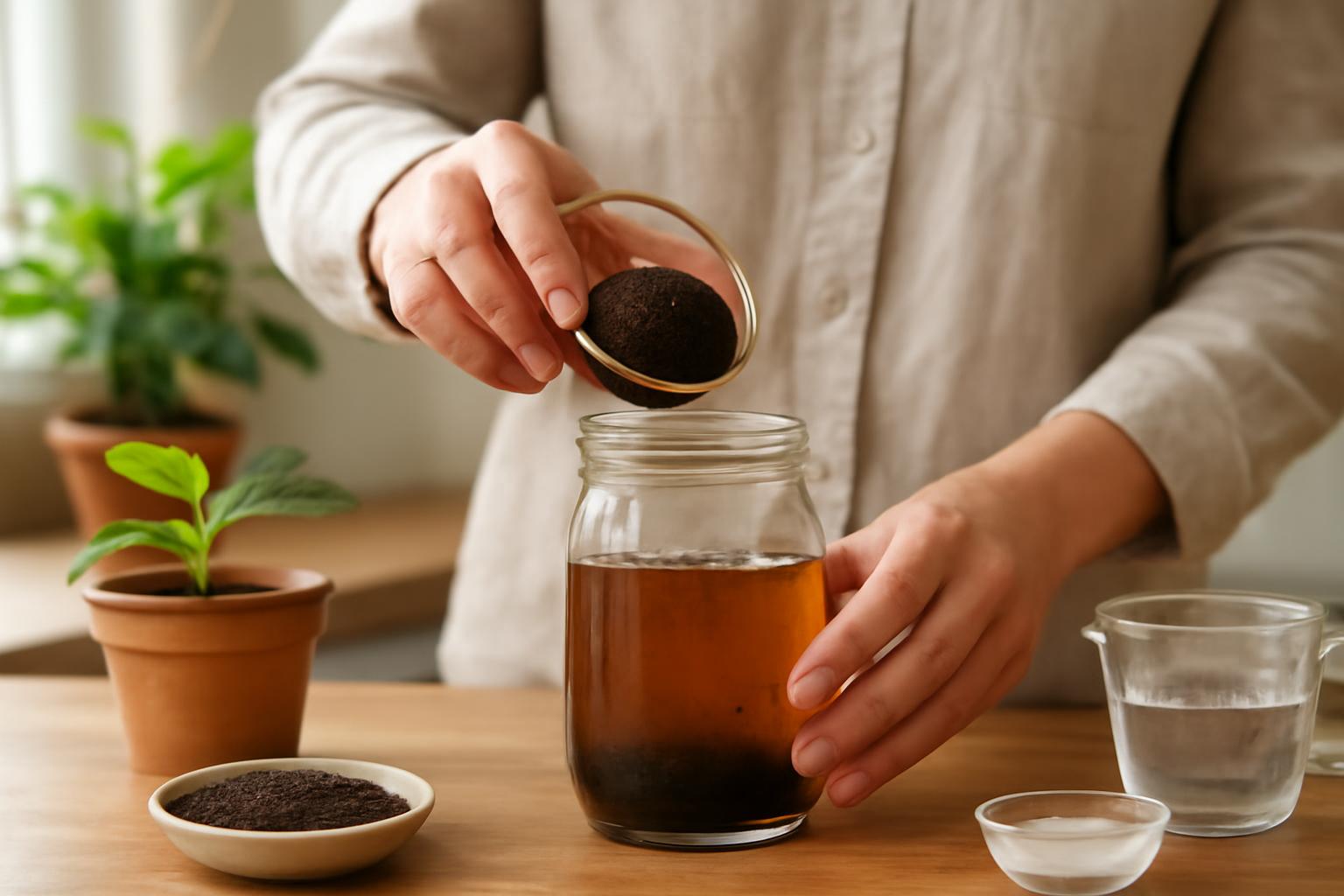 Egy személy házi növénytápot készít, kávézaccot ad egy üveg vízhez.