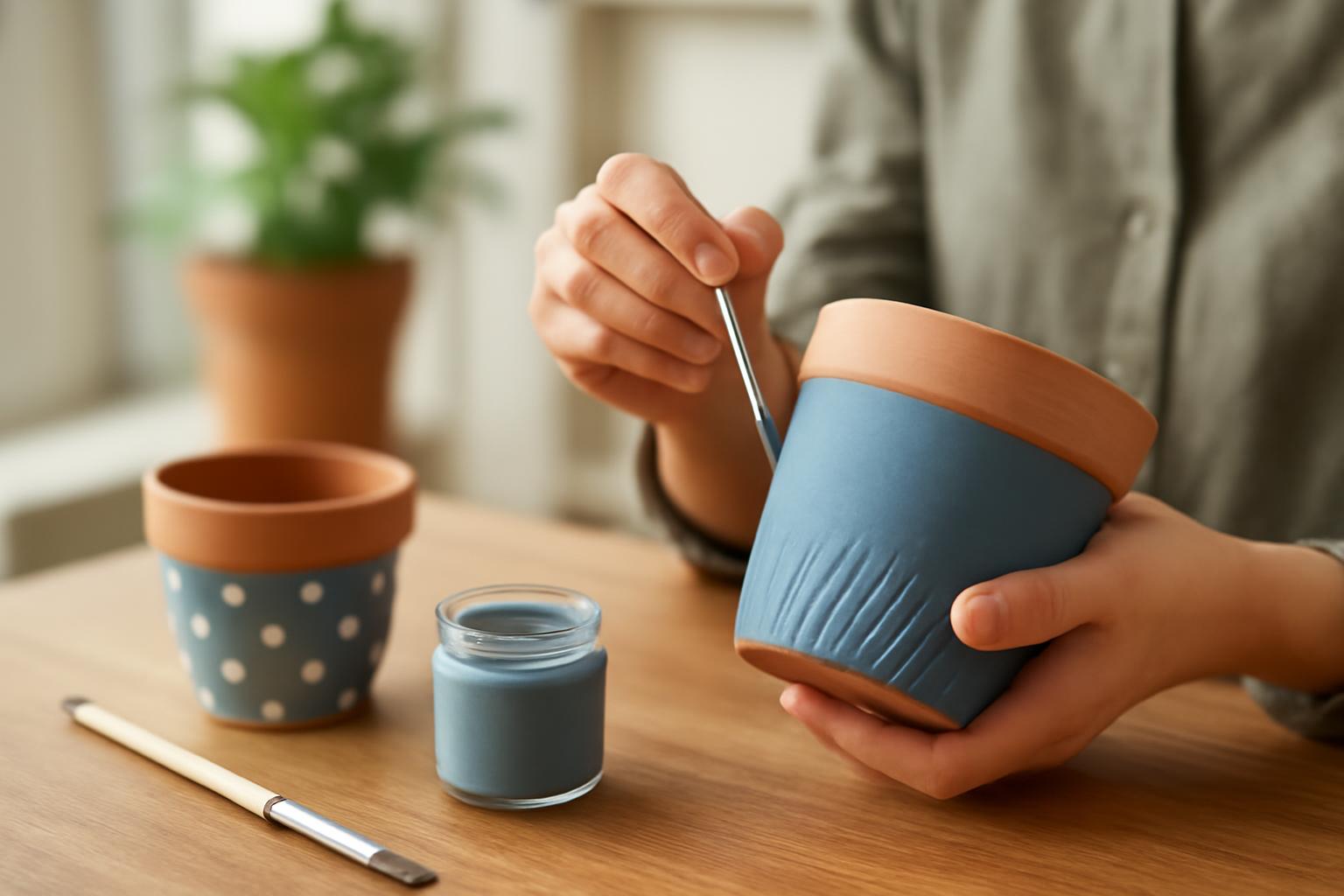 Kézben tartott kaspó festése, mellette egy másik díszített kaspó és festék.