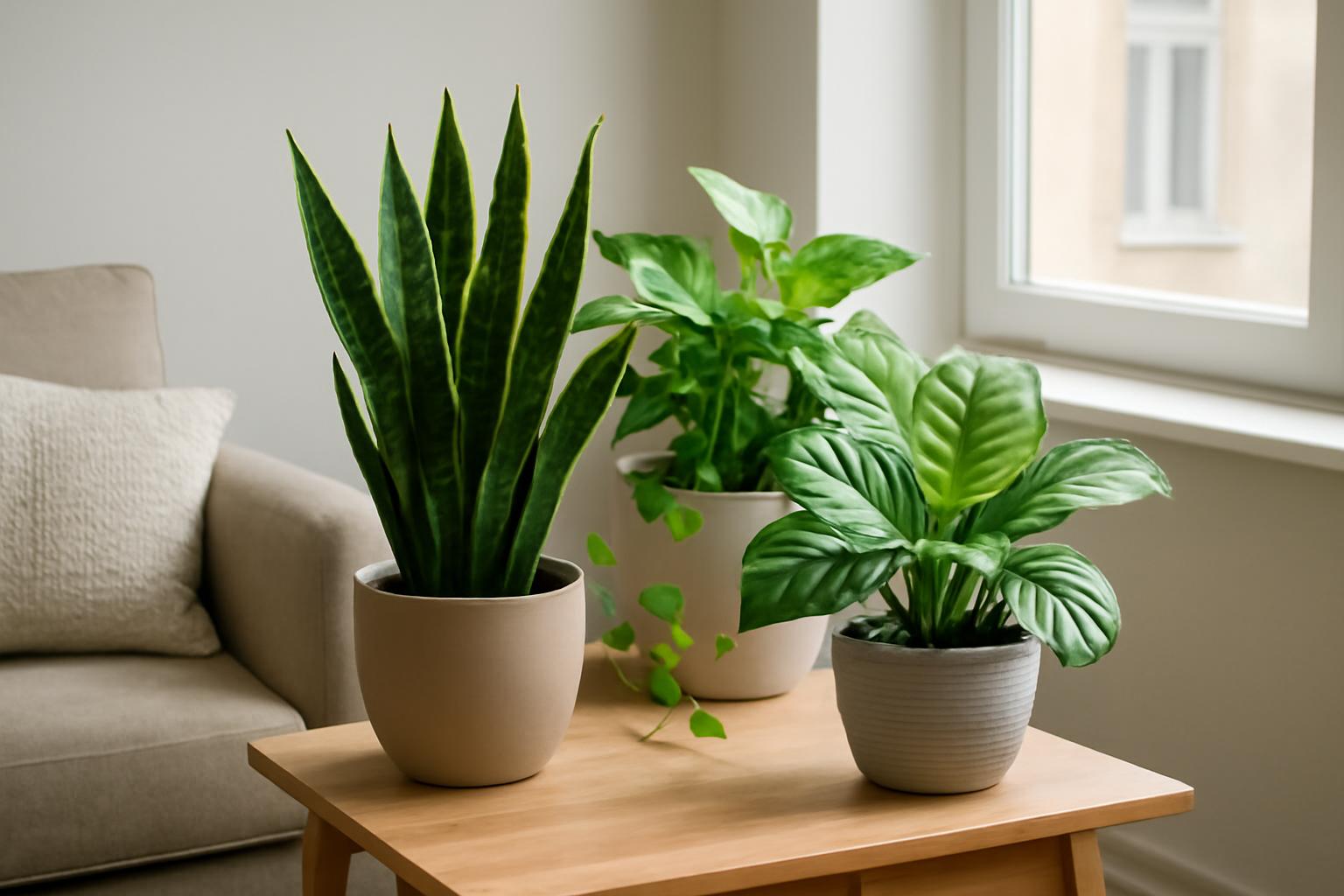 Három különböző levegőtisztító szobanövény egy asztalon, világos környezetben.