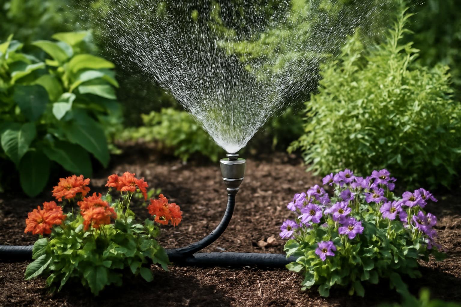 Öntözőgolyó működése virágos ágyásban, színes virágok között.