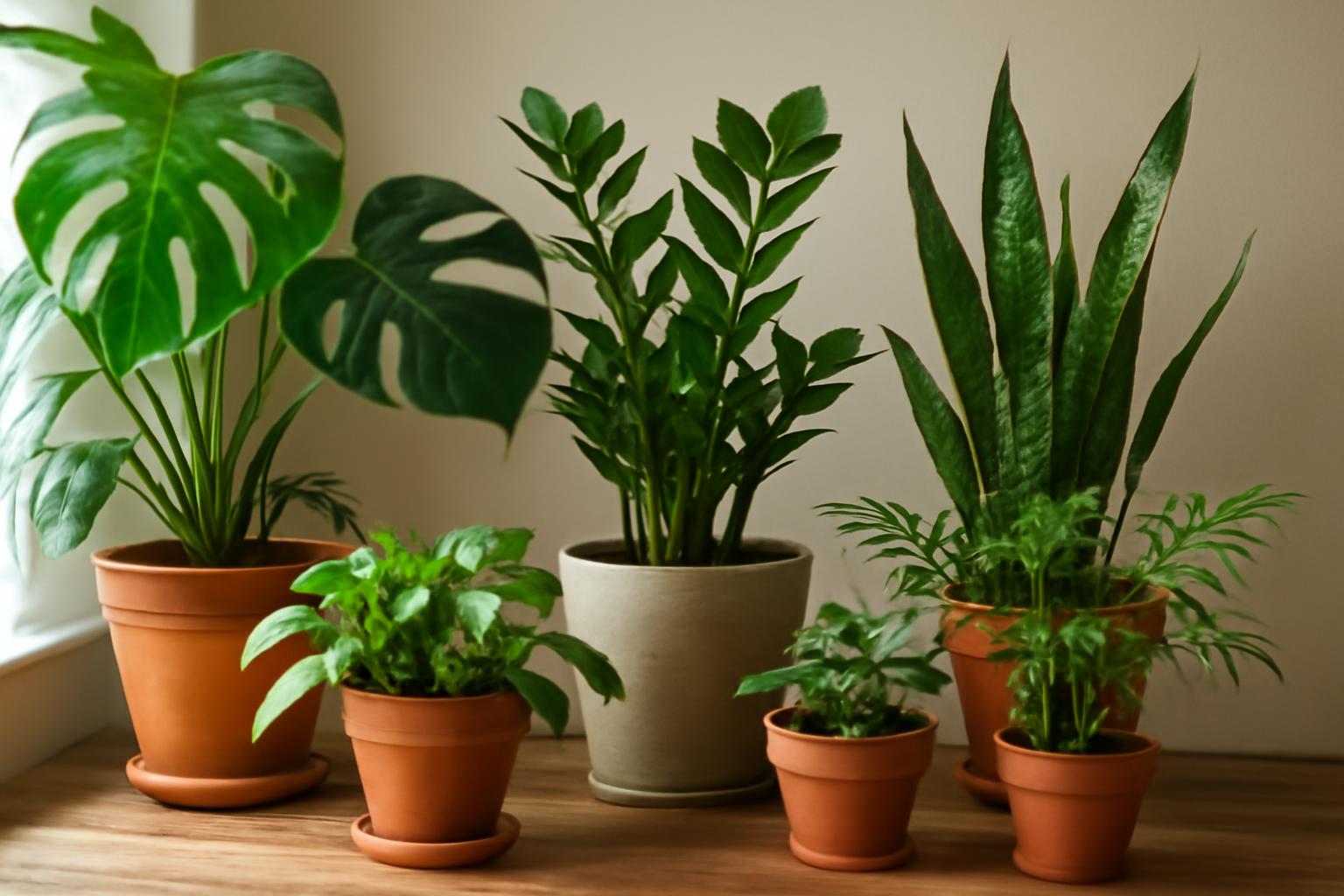 Különböző zöld szobanövények cserepekben, otthoni környezetben.