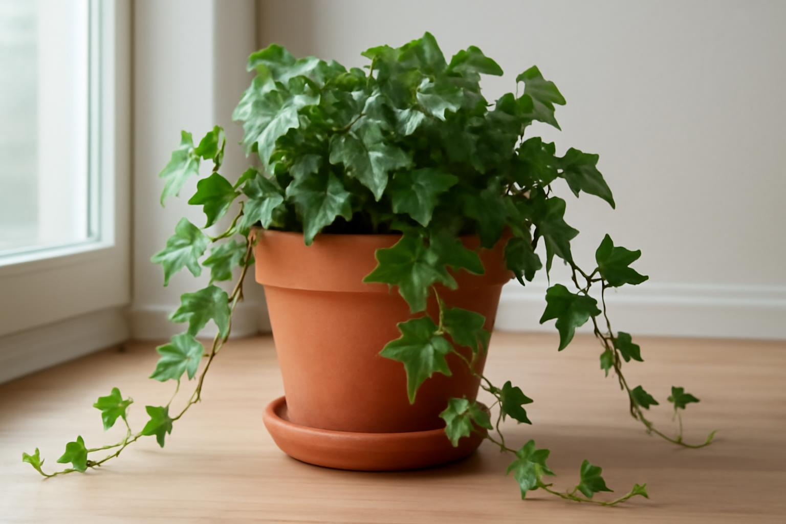 Zöld szobanövény, futó borostyán terrakotta cserépben, világos helyen.