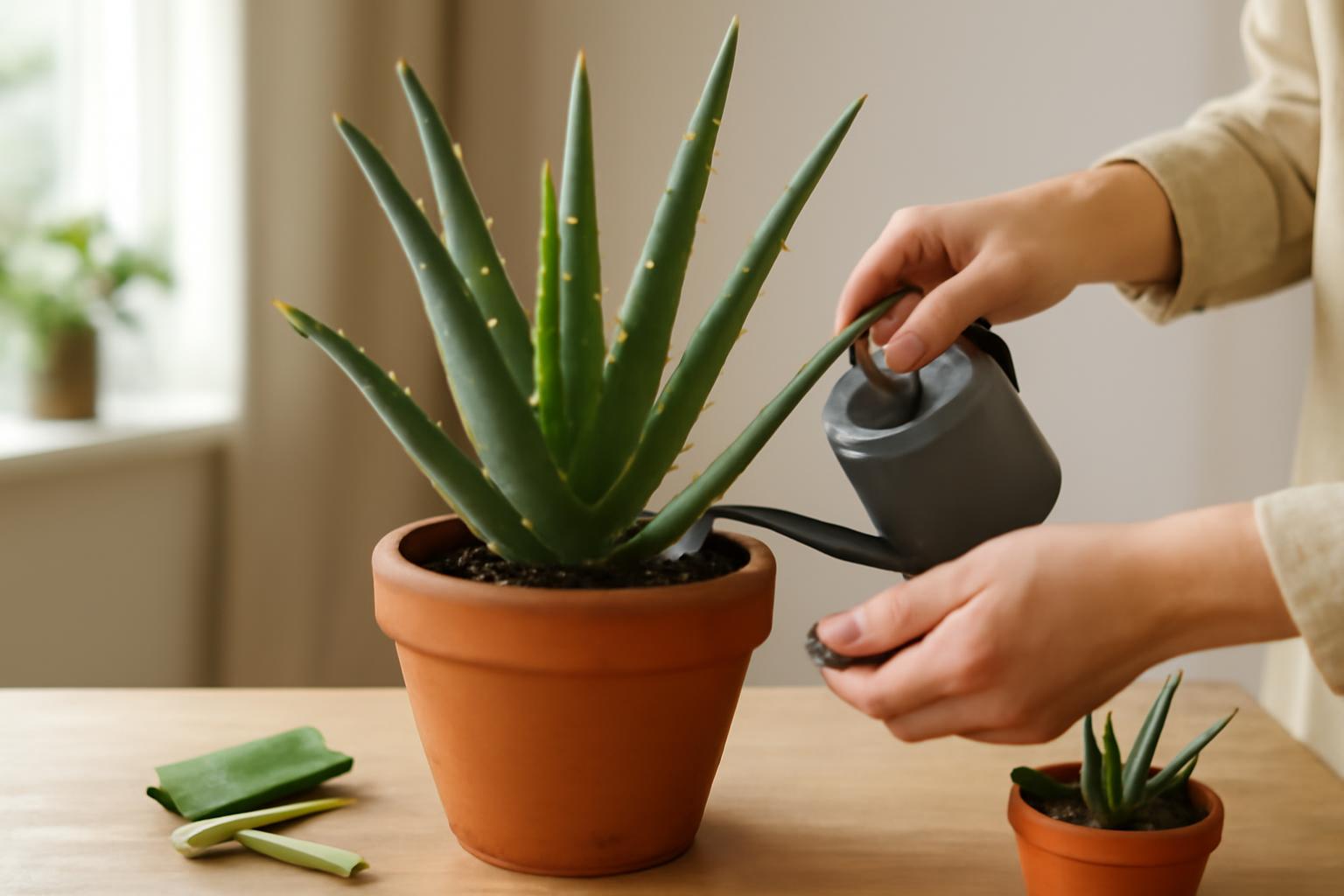 Egy személy öntöz egy aloe vera növényt egy terrakotta cserépben, mellette kisebb növényekkel.