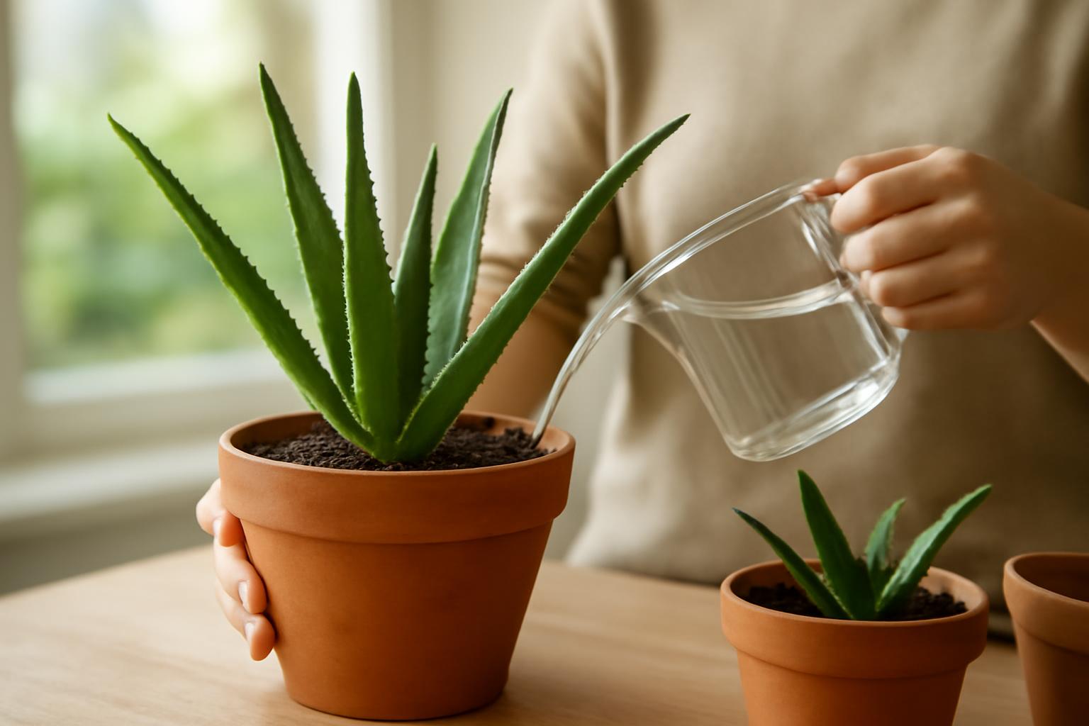 Egy személy öntöz egy aloe vera növényt egy cserépben, mellette kisebb növények.