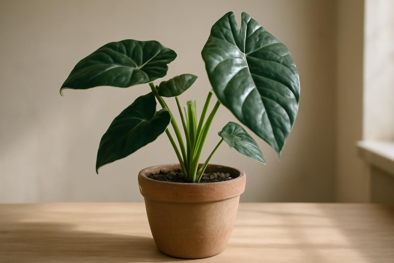 Egy alokázia növény, zöld levelekkel, cserépben, világos háttér előtt.