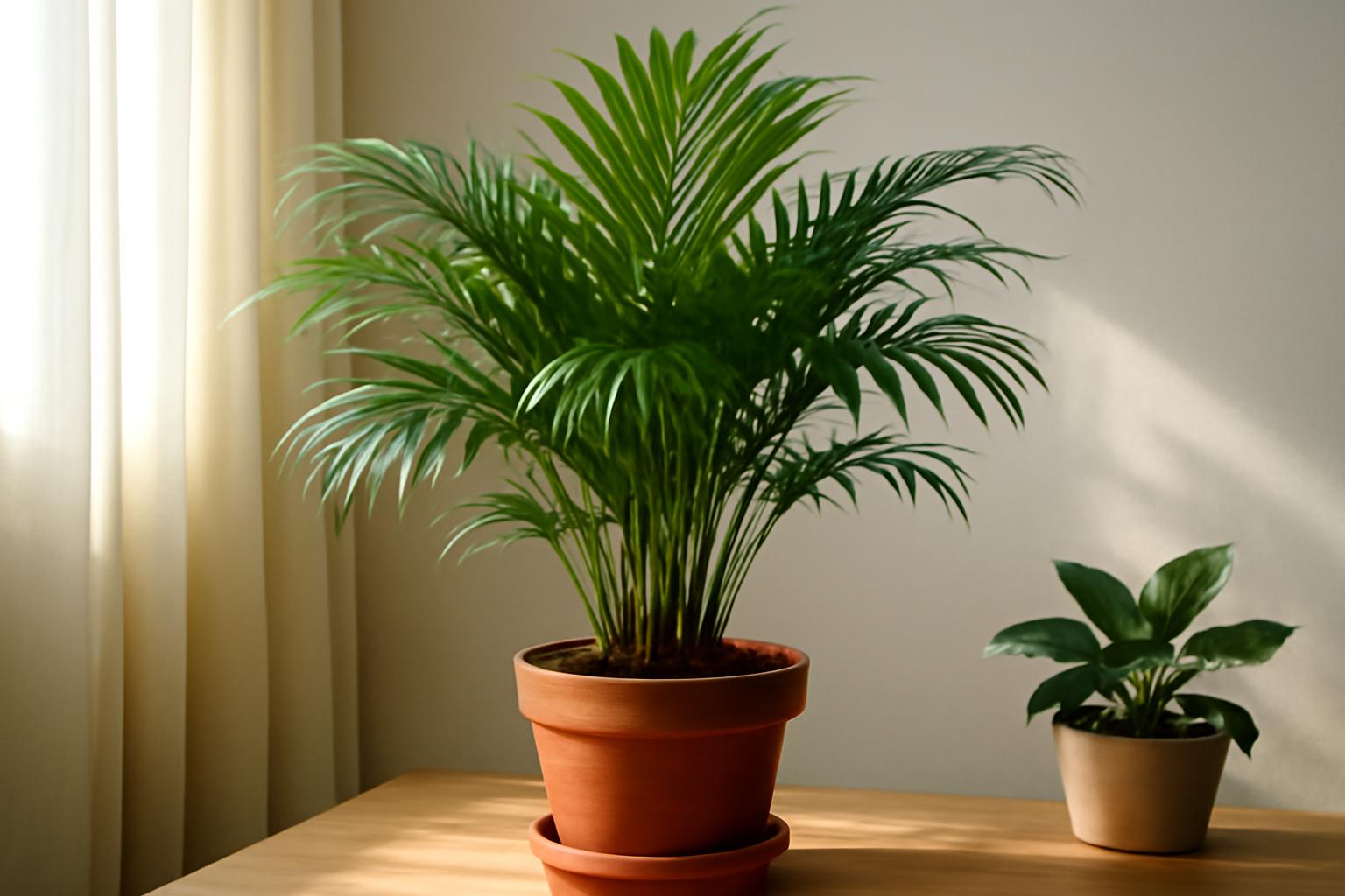 Egy egészséges areca pálma zöld levelekkel, világos szobában, cserepében.