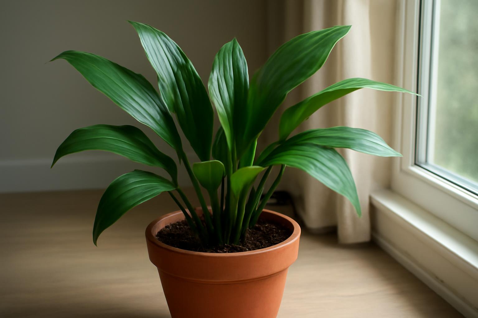 Egy aspidistra szobanövény zöld levelekkel, terrakotta cserépben, világos szobában.