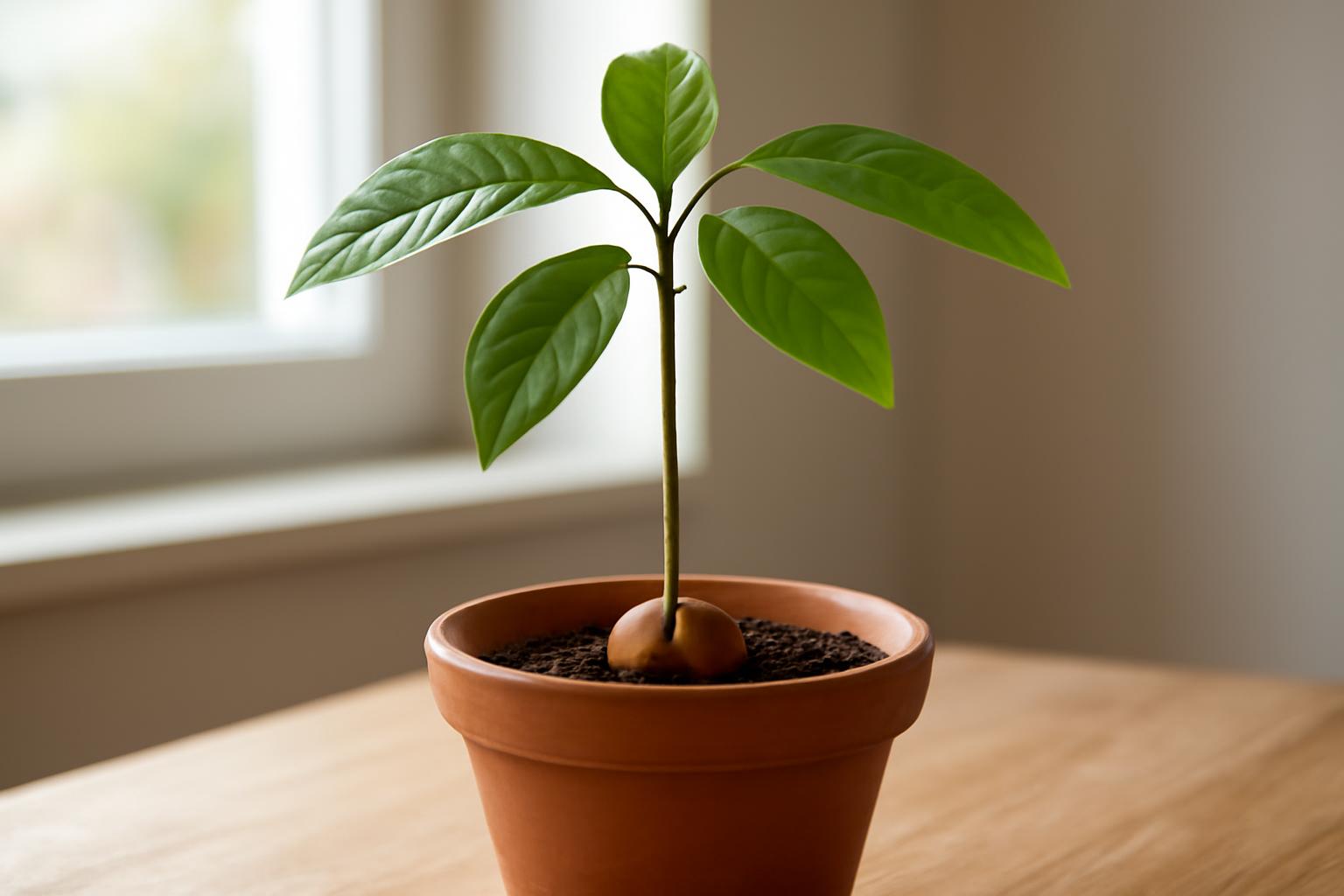 Egy fiatal avokádófa zöld levelekkel, cserépben, napfényben.