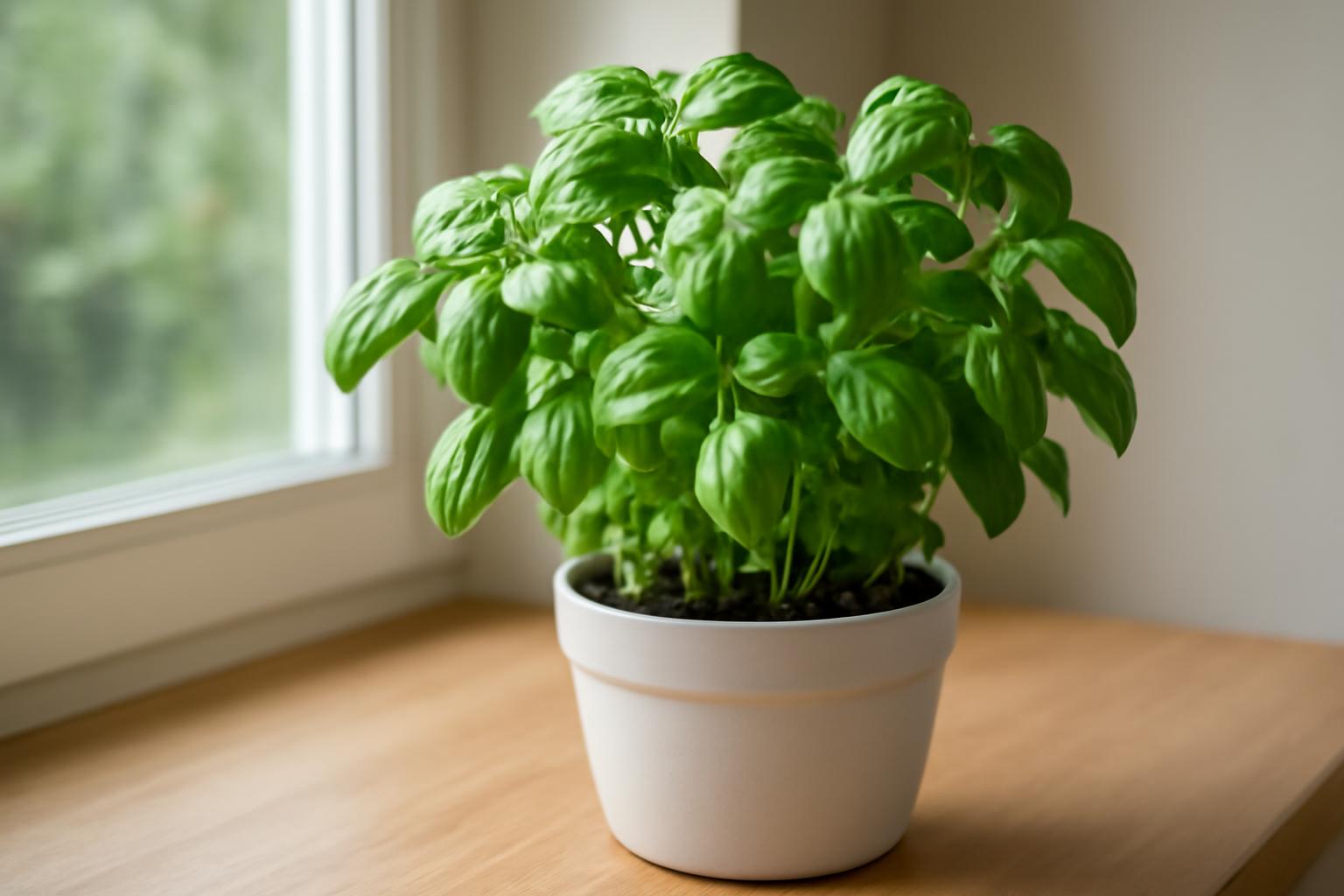 Friss bazsalikom növény zöld levelekkel, fehér cserépben, ablak mellett.