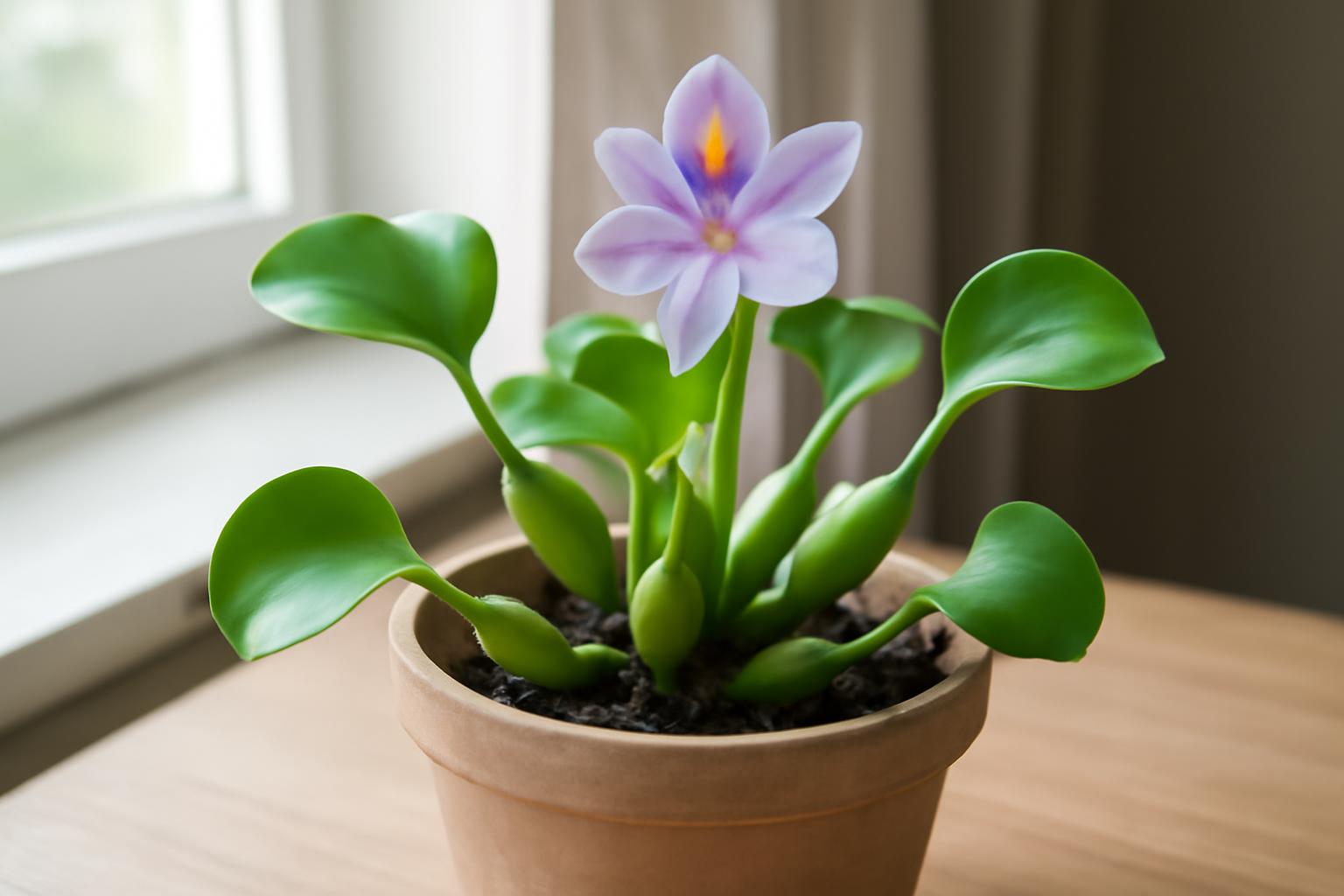 Egy békaliliom virágzó növény, zöld levelekkel és lila virággal, cserepében.