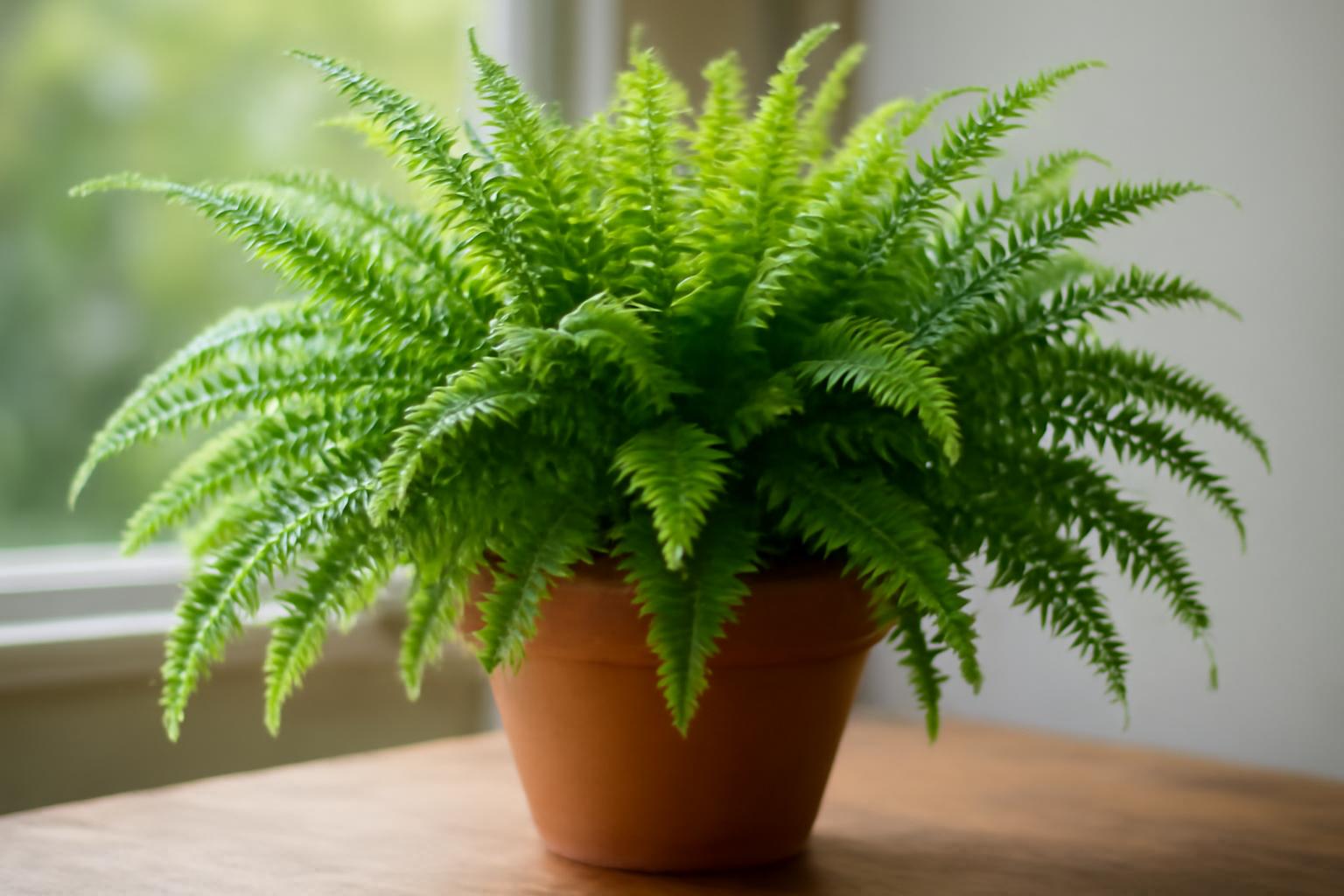Dús, zöld Boston páfrány egy terrakotta cserépben, napfényes ablak mellett.