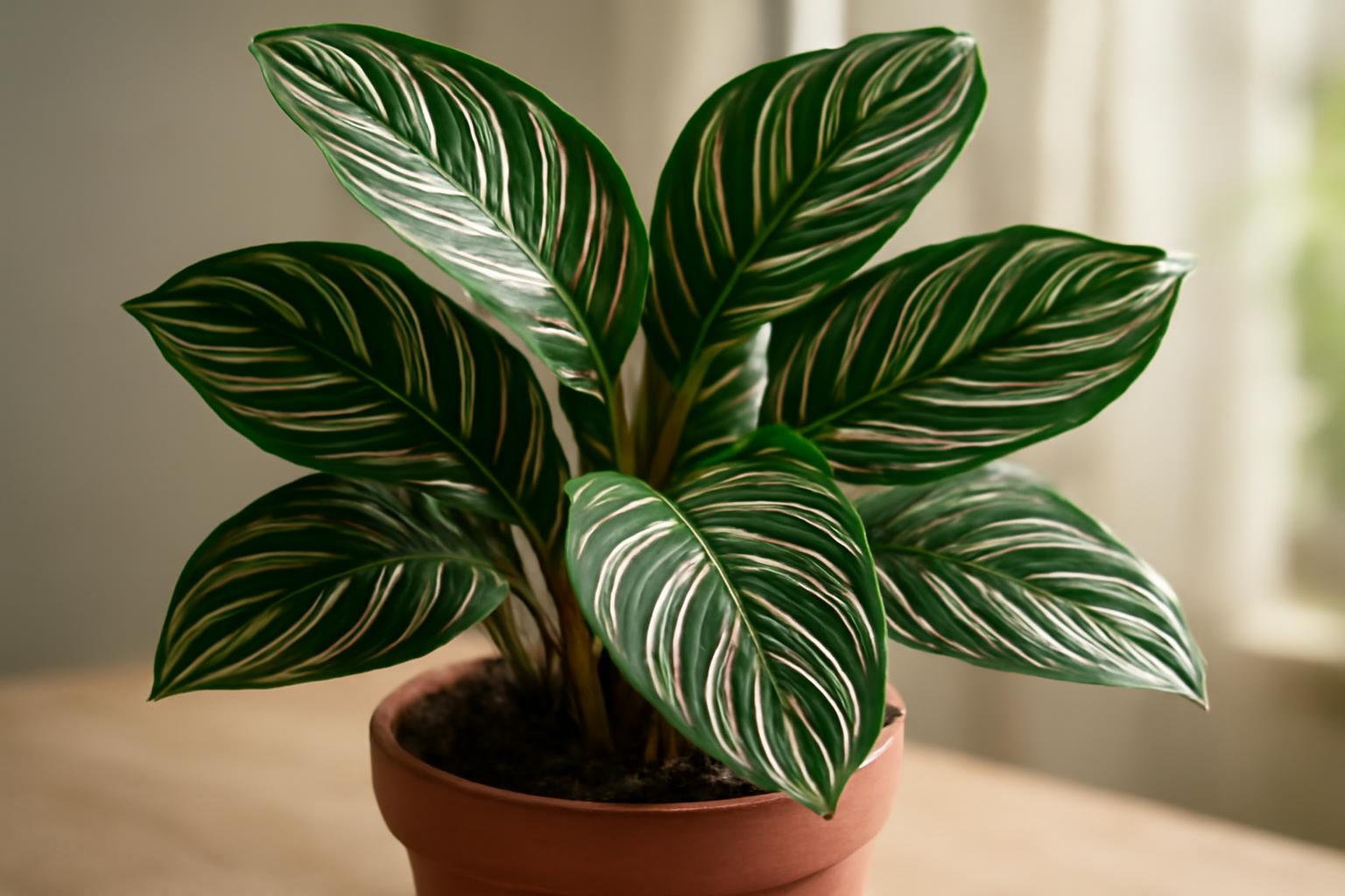 A Calathea ornata szobanövény, mintás levelekkel, cserépben.