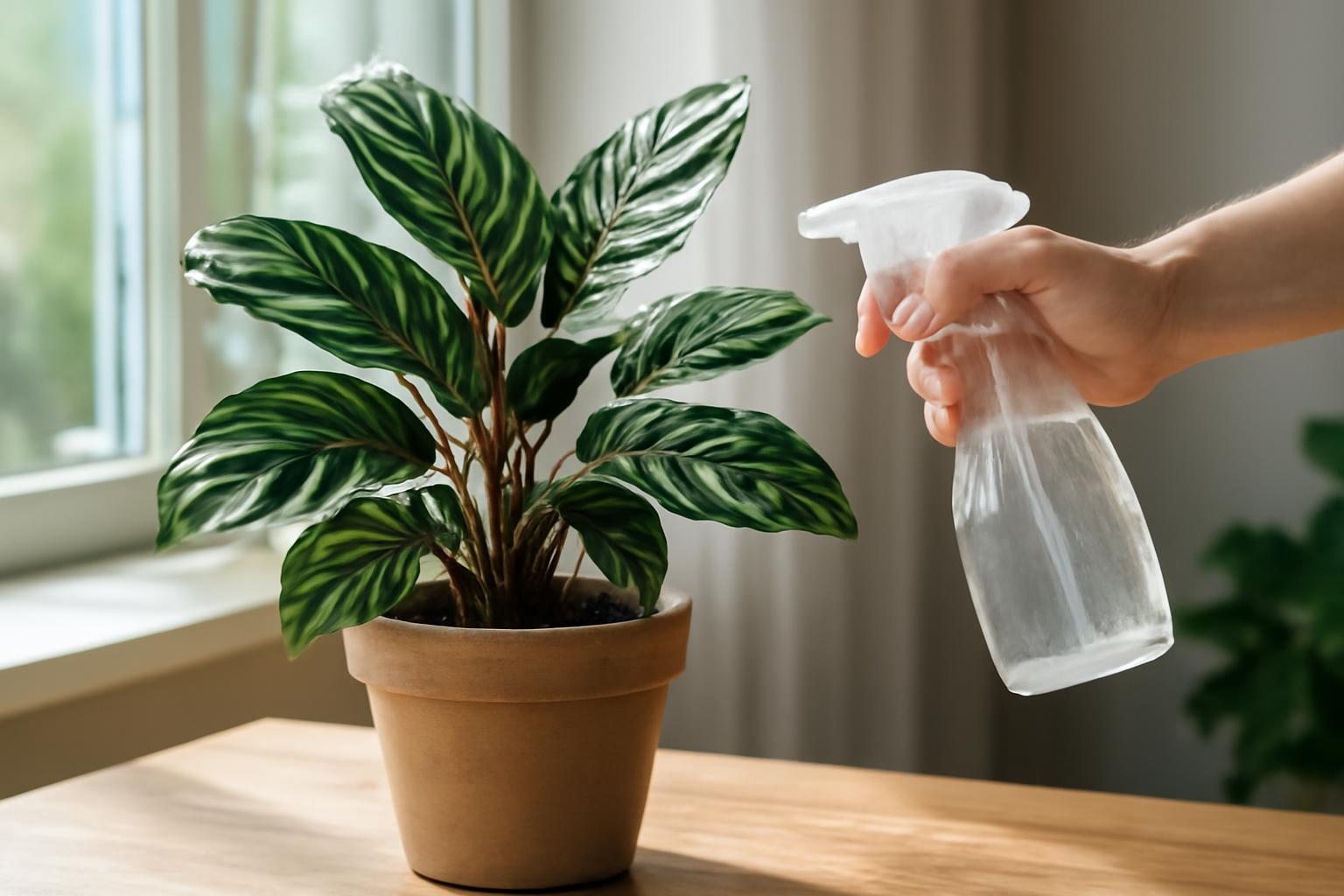 Egy Calathea szobanövény, amelyet vízzel permeteznek, zöld levelekkel.