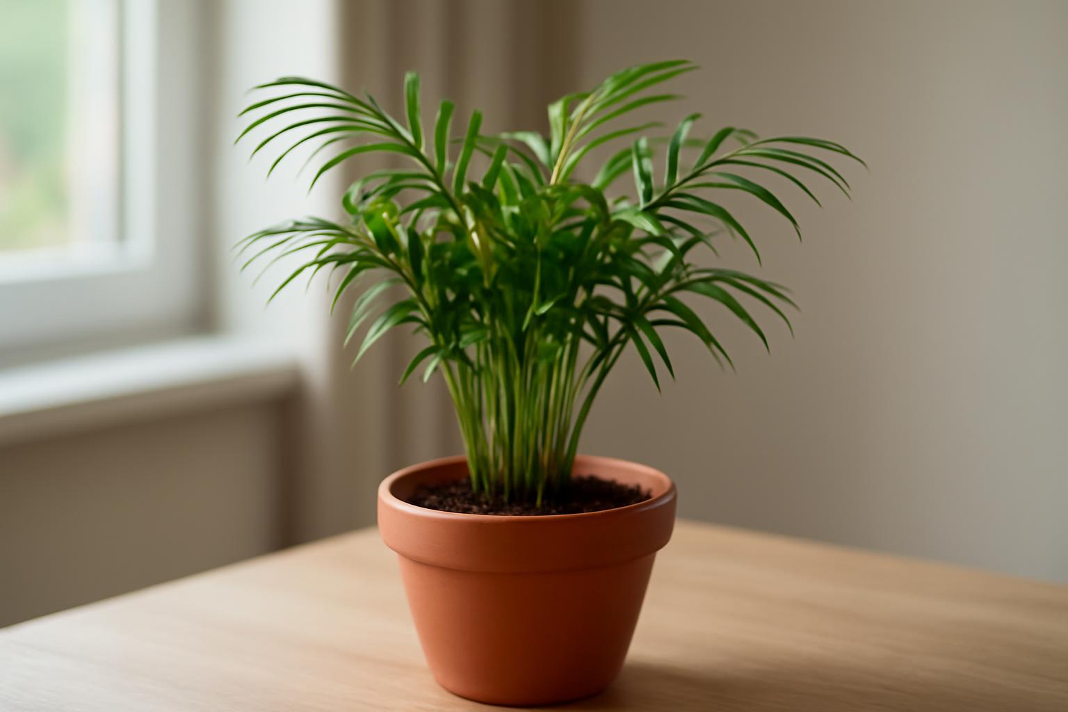 Zöld Chamaedorea pálma cserepes virágban, világos szobában.