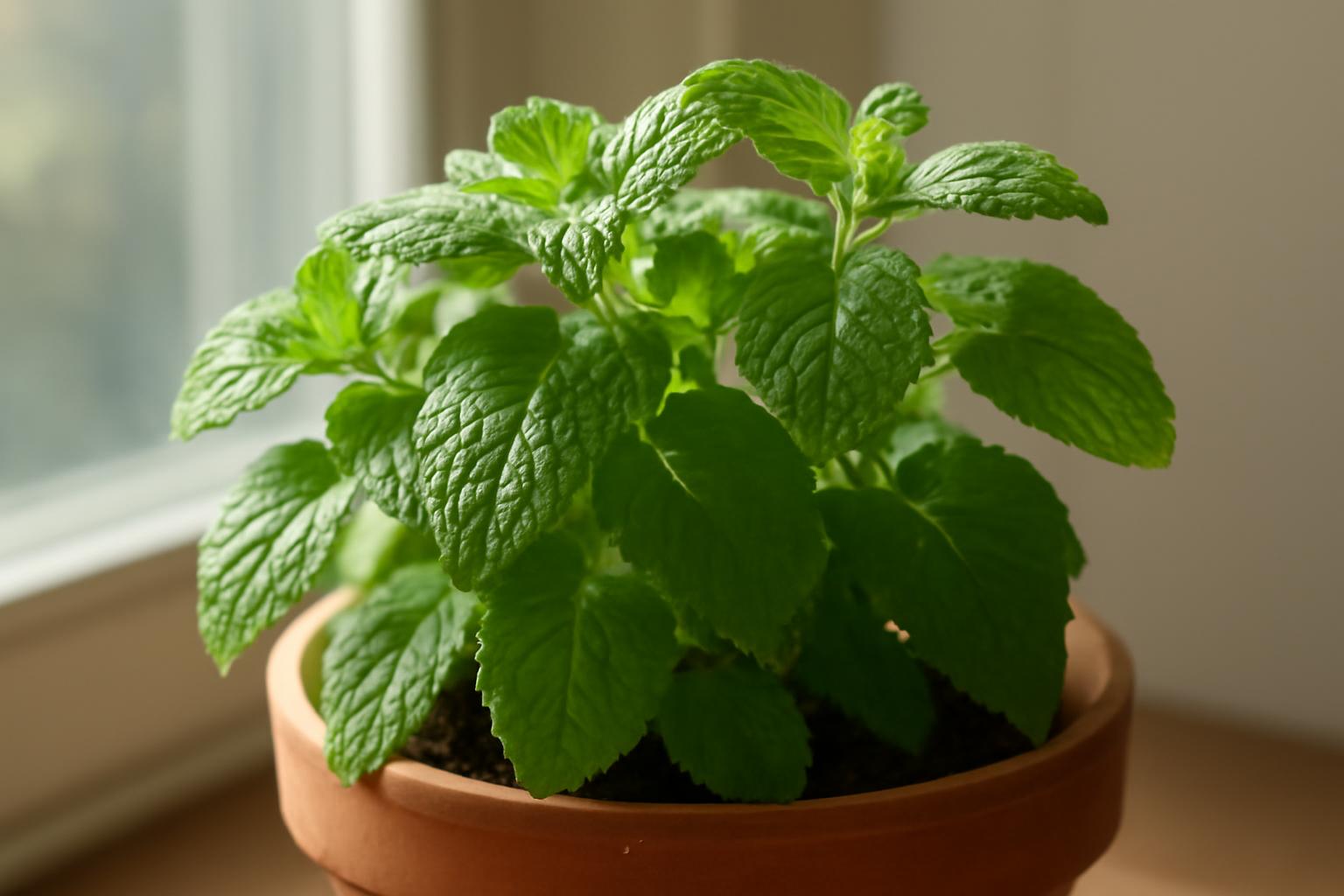 Friss citromfű növény zöld levelekkel, cserépben, ablak mellett.