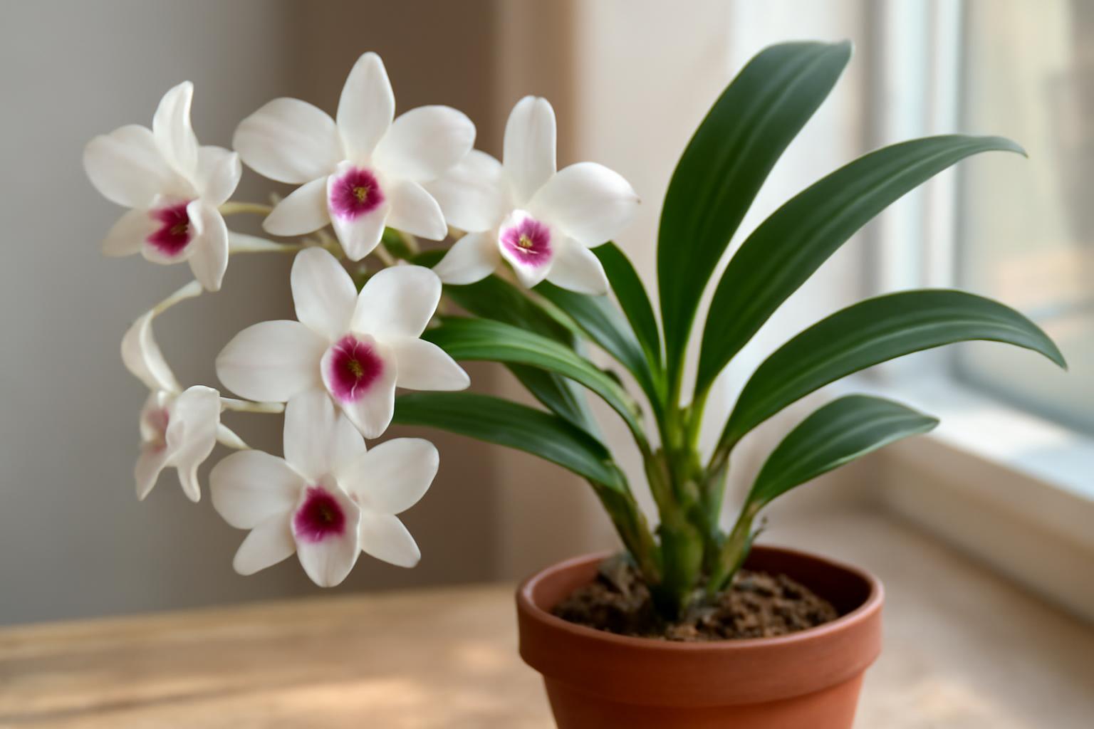 Dendrobium orchidea fehér virágokkal és zöld levelekkel egy cserépben.