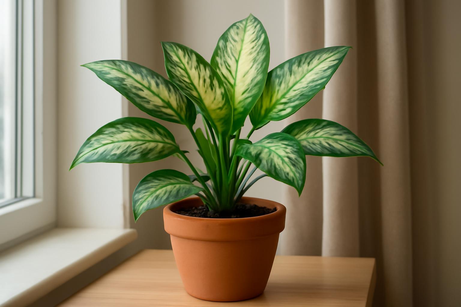 Egy dús levelekkel rendelkező Dieffenbachia szobanövény terrakotta cserépben, világos helyen.