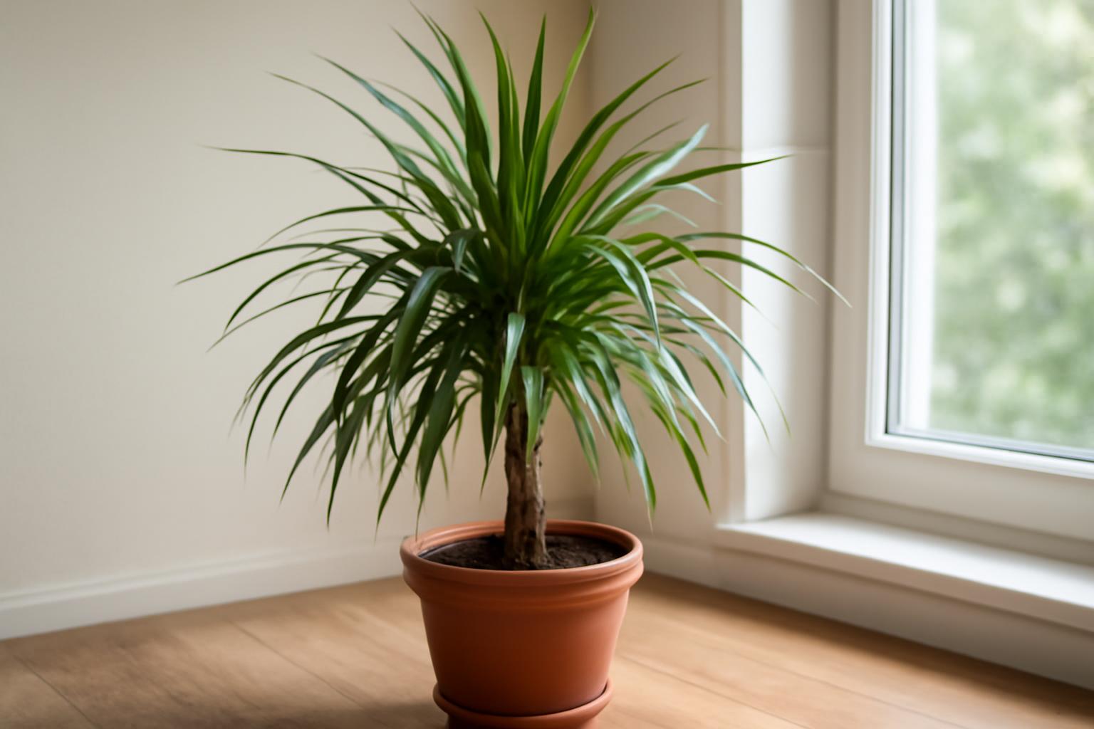 Zöld dracéna szobanövény világos szobában, cserépben.