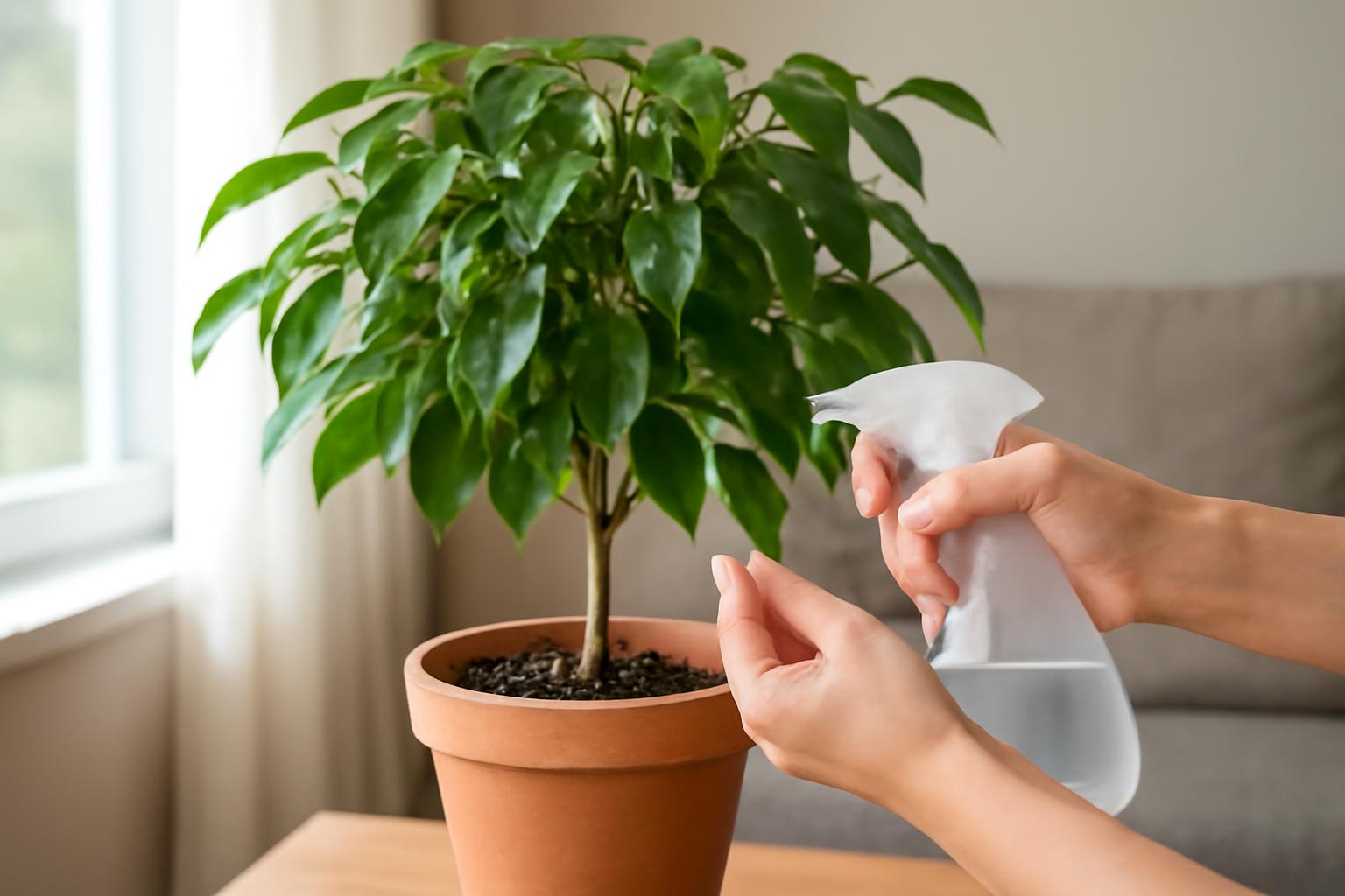 Egy Fikusz benjamina szobanövény, amelyet vízzel permeteznek, zöld levelekkel.