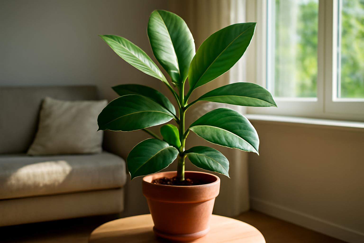 Egy zöld fikusz szobanövény, fényes levelekkel, világos lakásban.