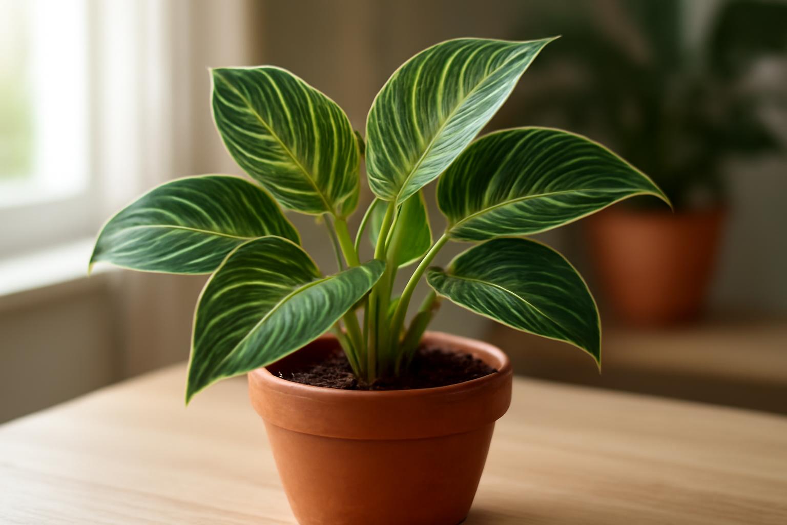 Egy Filodendron birkin szobanövény, élénk zöld levelekkel, terrakotta cserépben.