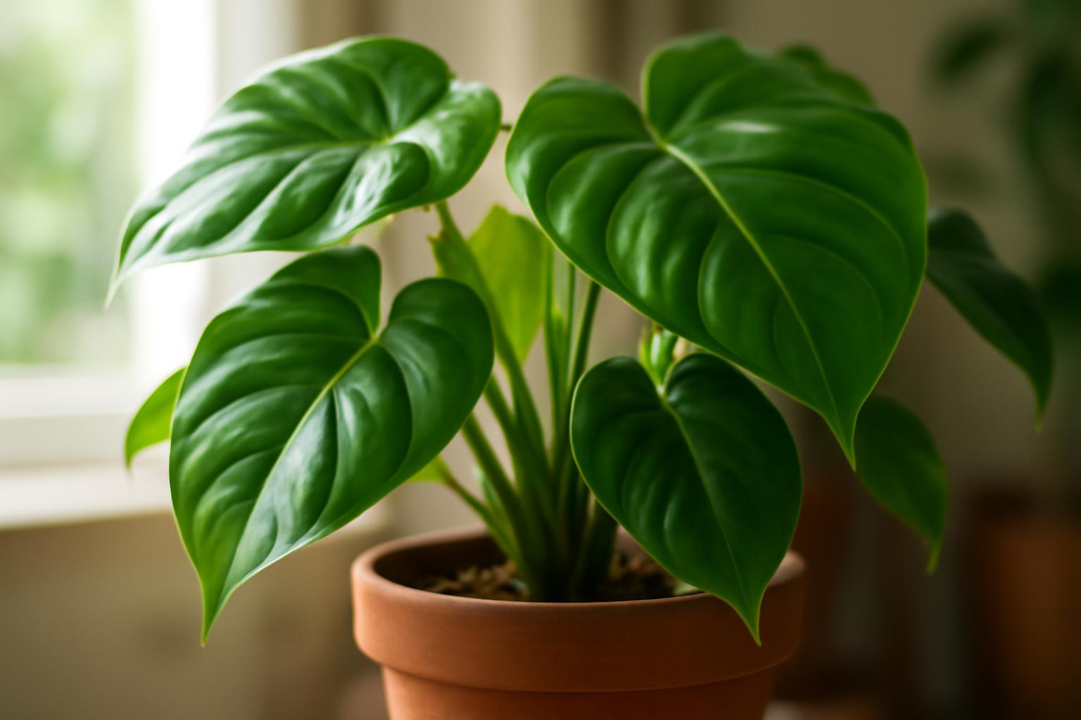 Látványos filodendron zöld levelekkel, cserepes virágban, otthoni környezetben.
