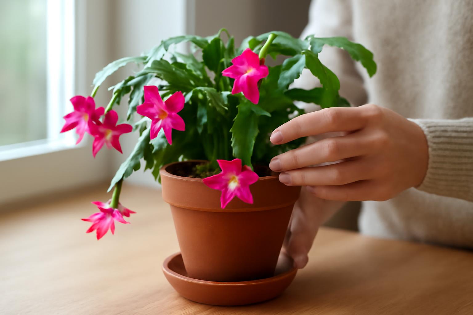 Egy karácsonyi kaktusz, élénk rózsaszín virágokkal, gondozás közben.