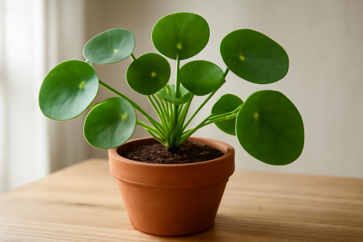 Egy Pilea peperomioides, azaz kínai pénzlevelű növény zöld levelekkel, terrakotta cserépben.