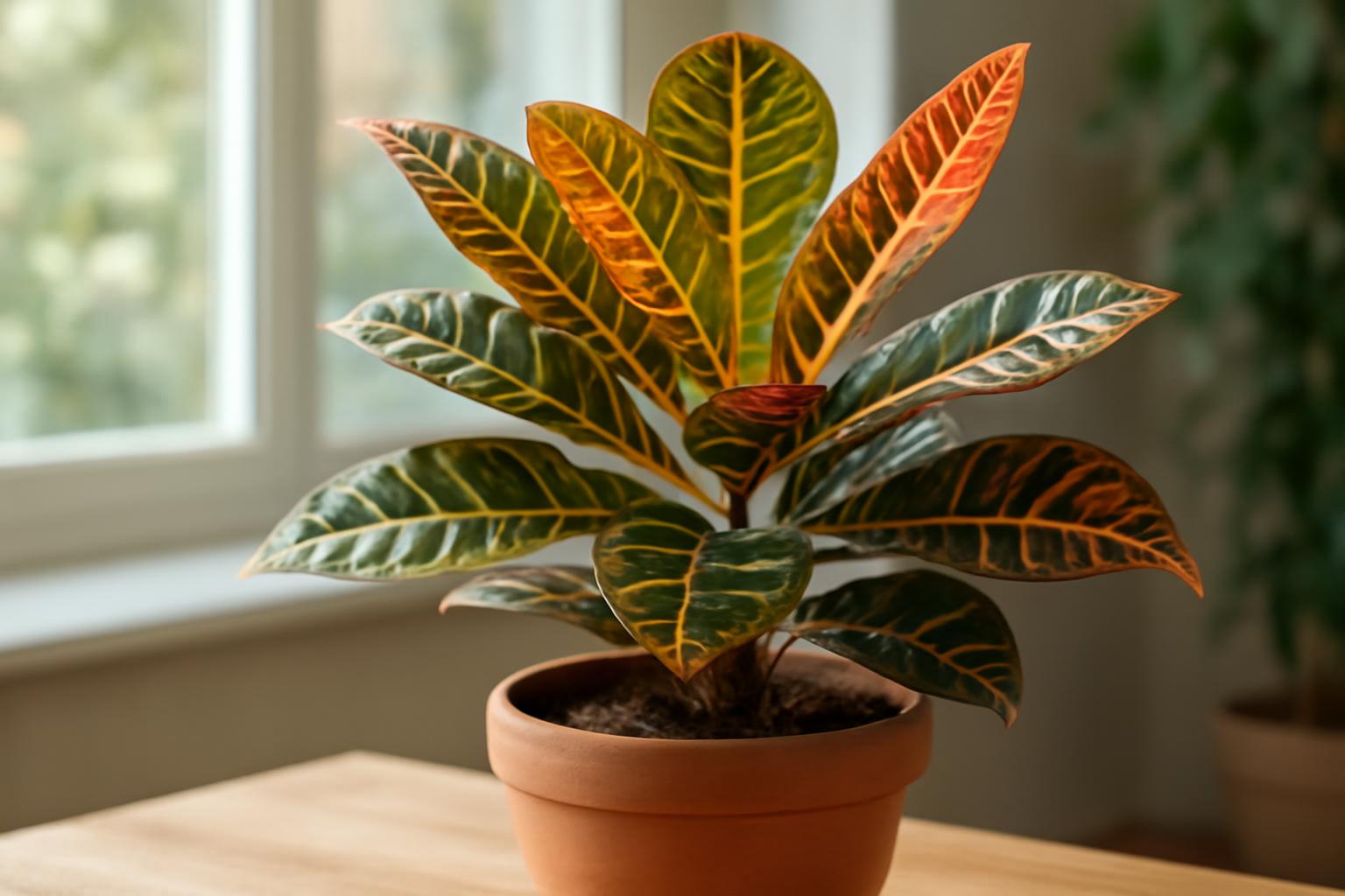 Egy kroton növény élénk, színes levelekkel, cserépben, világos szobában.