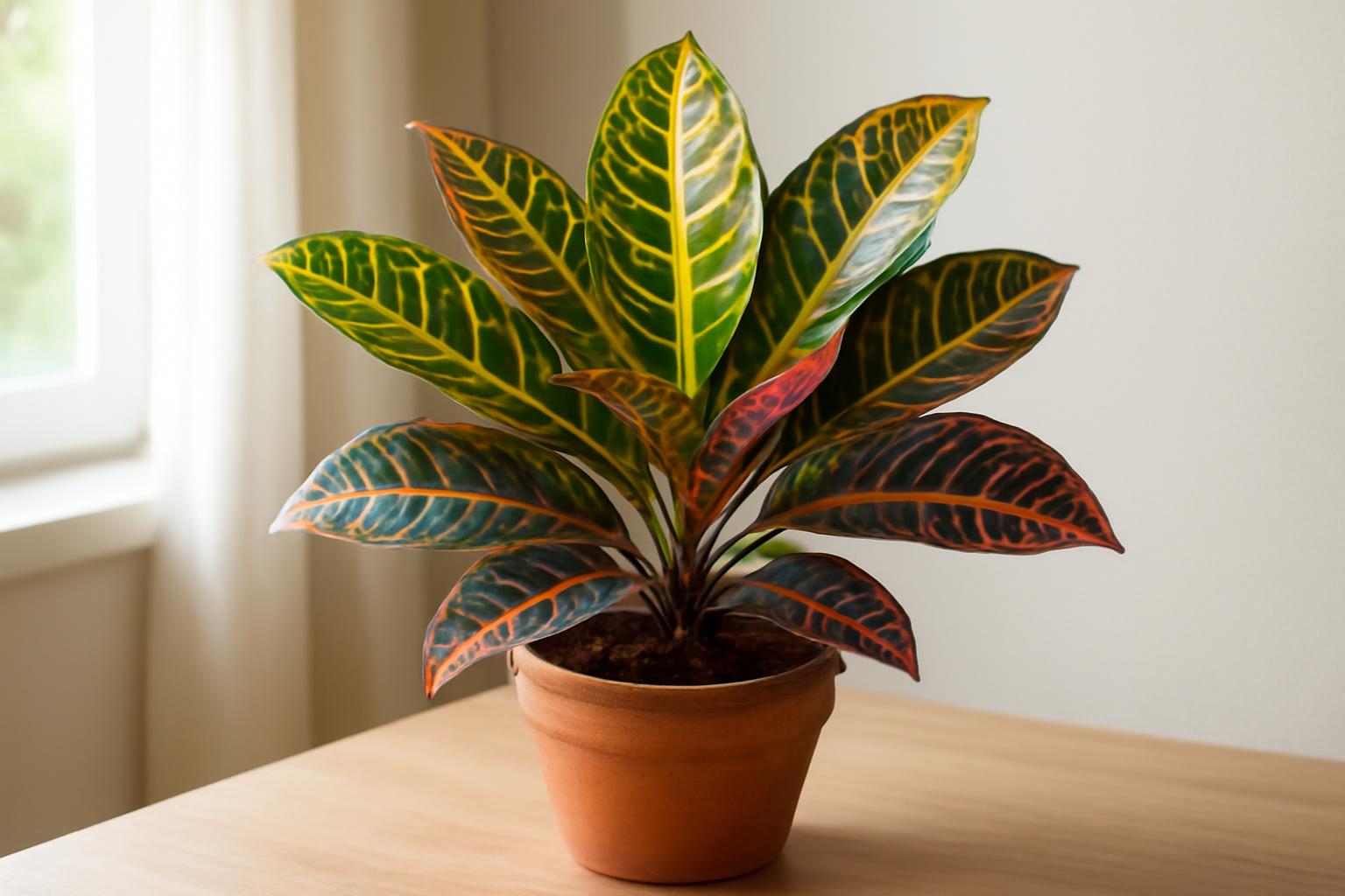 Színes levelekkel rendelkező kroton szobanövény egy cserépben, világos háttér előtt.