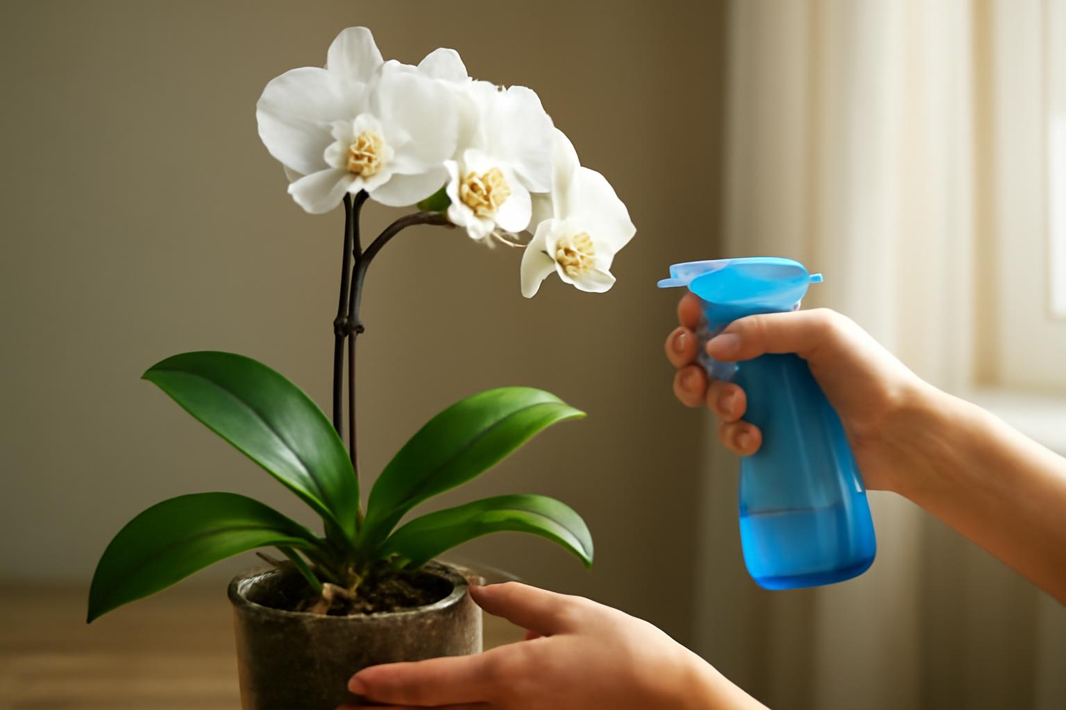 Egy fehér lepkeorchidea, amelyet kézben tartott permetezővel öntöznek.