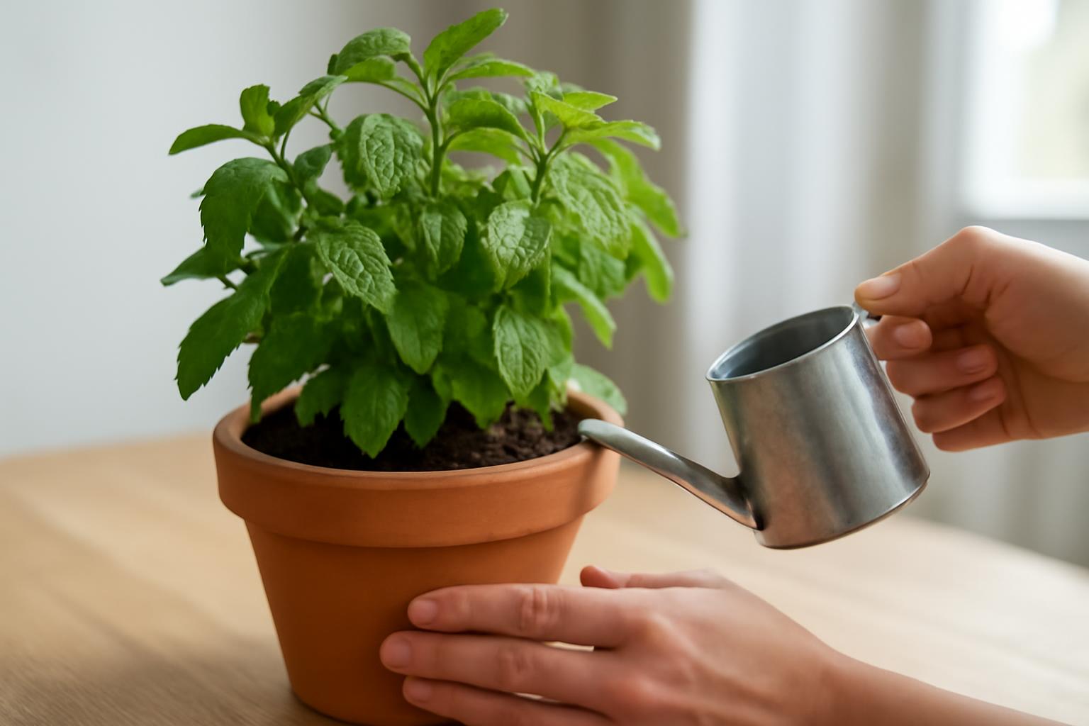 Friss menta cserépben, vízöntés közben, zöld levelekkel.