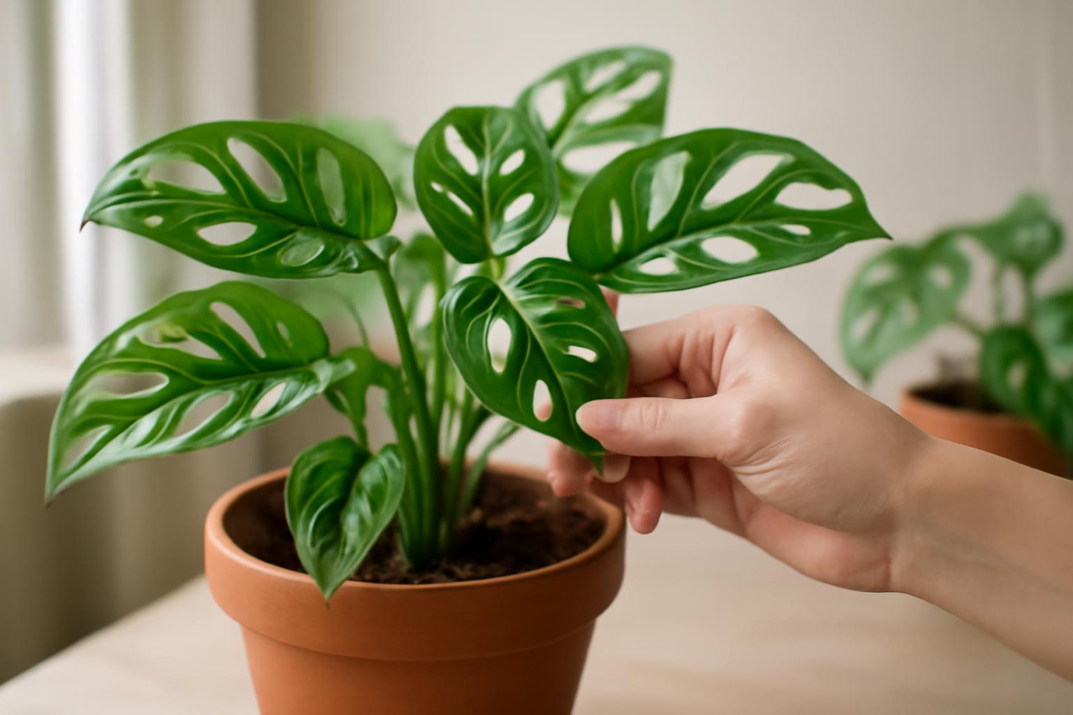 Egy kéz óvatosan érinti a Monstera adansonii lyukas levelű növény leveleit.