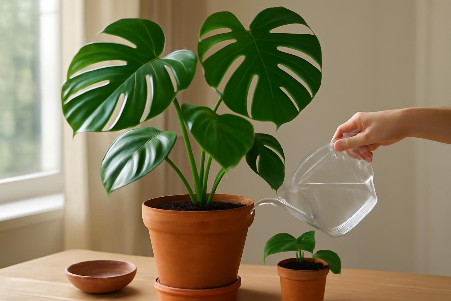 Egy Monstera szobanövény öntözése, mellette egy kisebb növény.