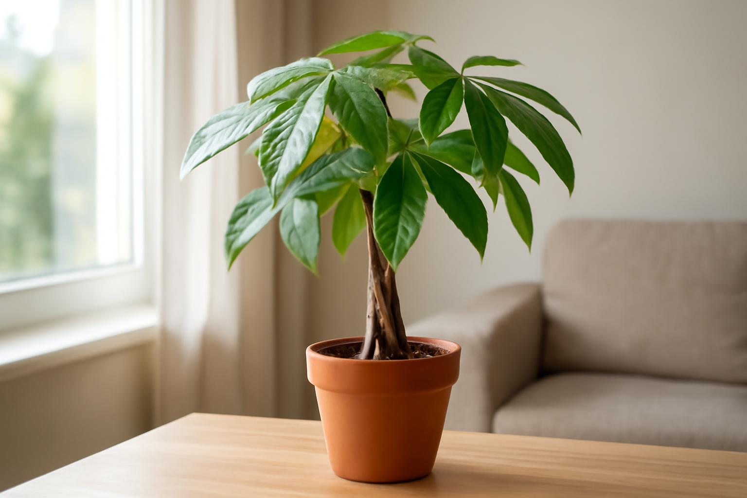 Egy egészséges Pachira aquatica, azaz pénzfa, zöld levelekkel, cserépben.