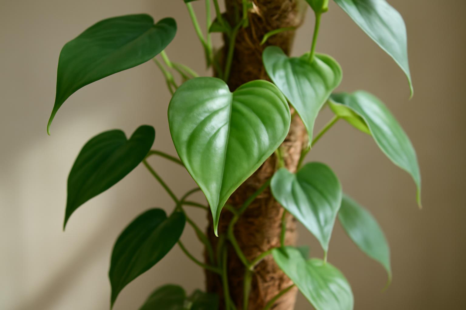 Zöld szívlevelű Philodendron scandens növény, sima levelekkel és fás törzzsel.