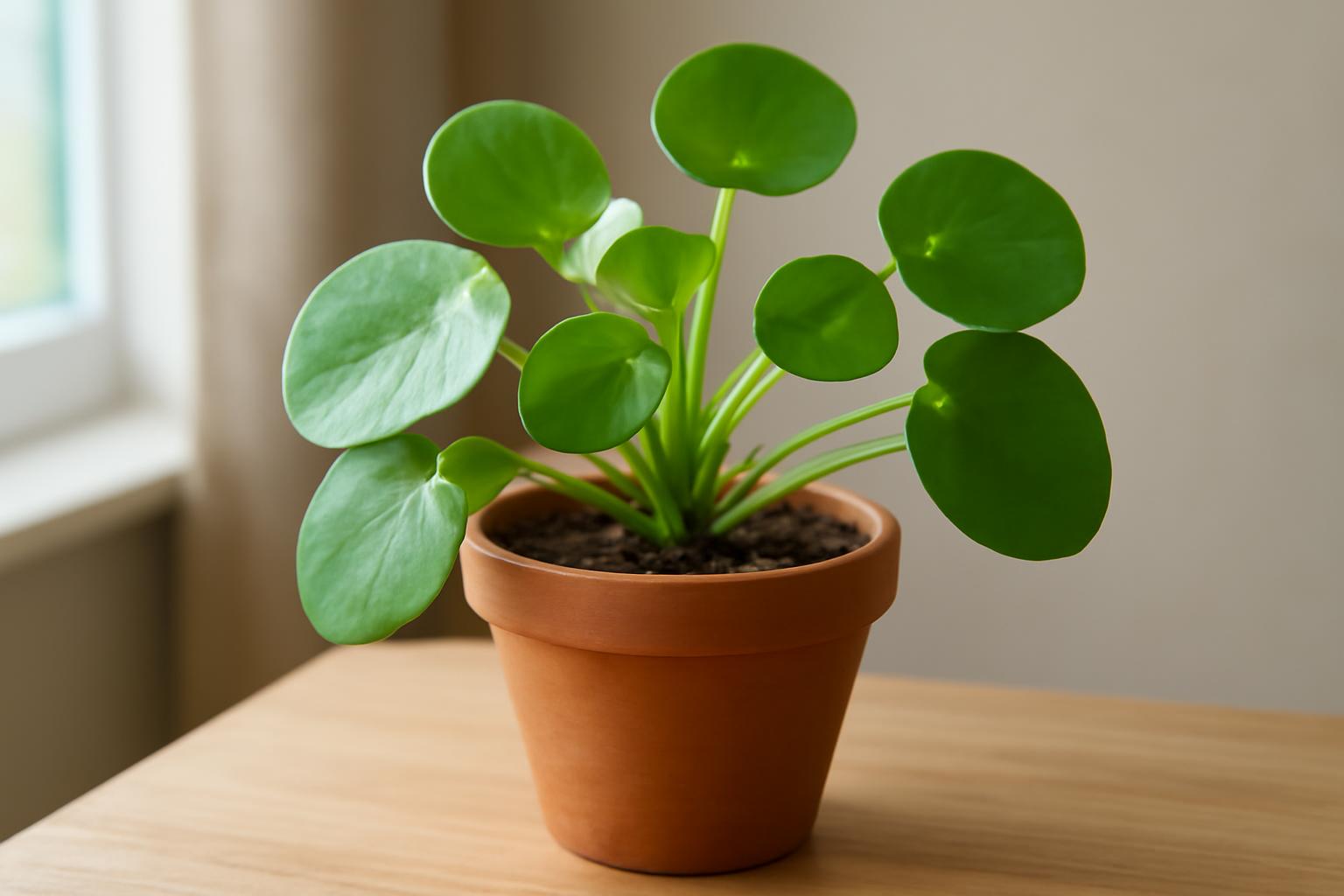 Egy egészséges Pilea peperomioides, zöld levelekkel, terrakotta cserépben.