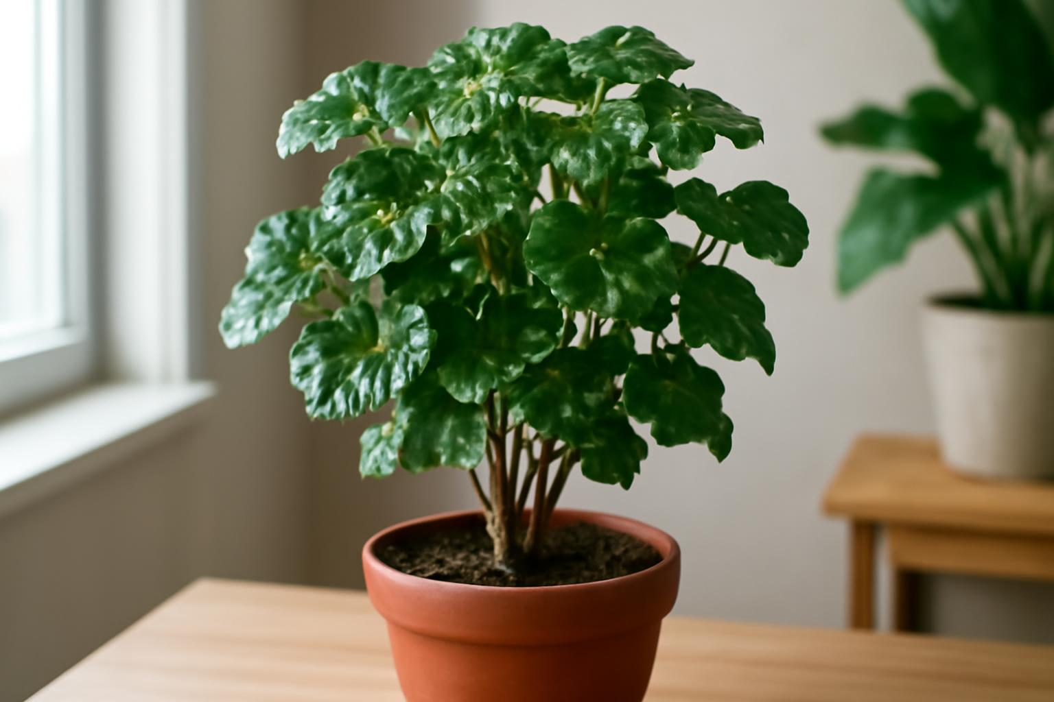 Zöld Polyscias szobanövény, dús levelekkel, terrakotta cserépben.