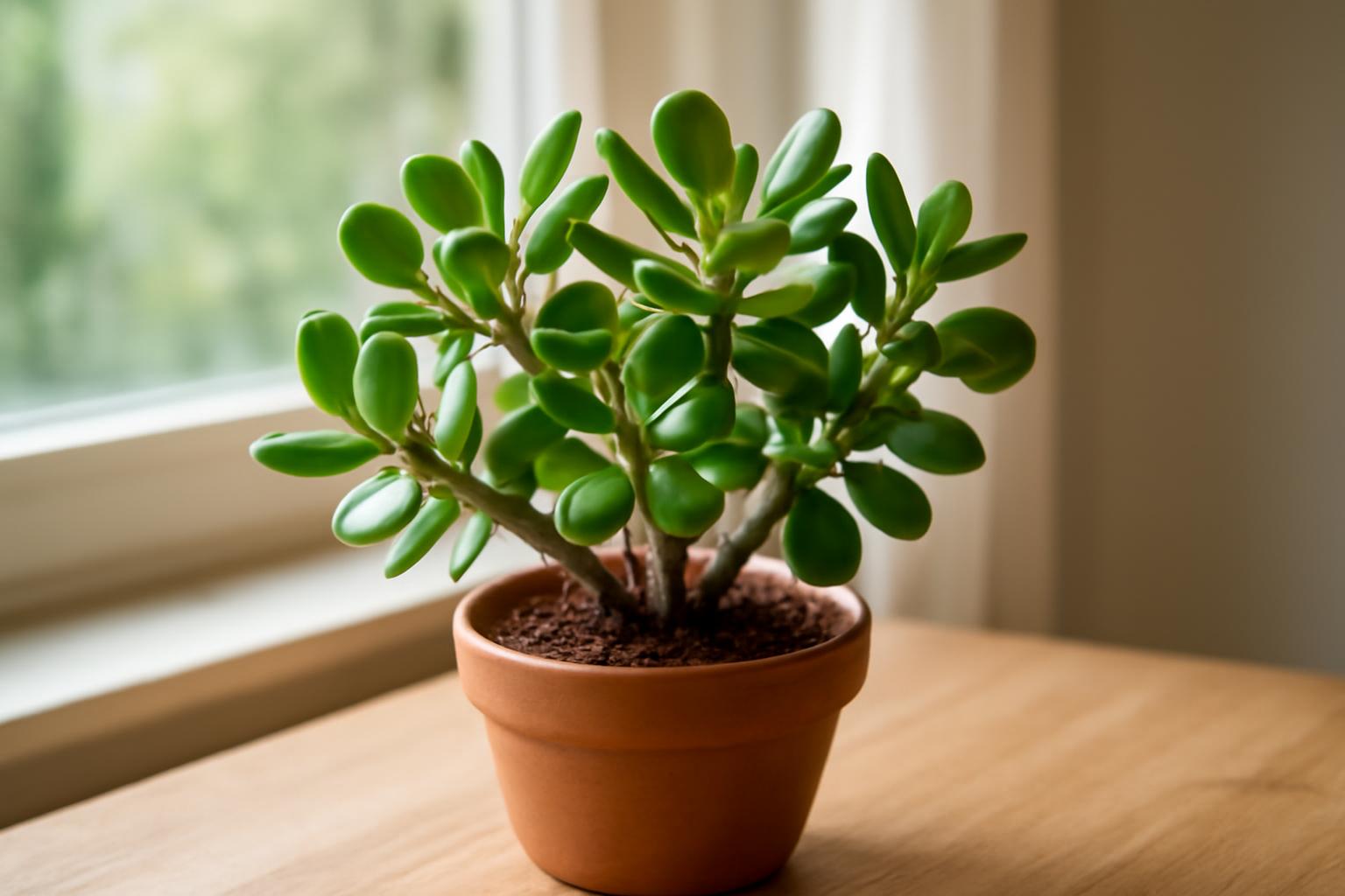 Egy zöld levelekkel teli pozsgafa (Crassula ovata) cserepes növény, világos háttérben.