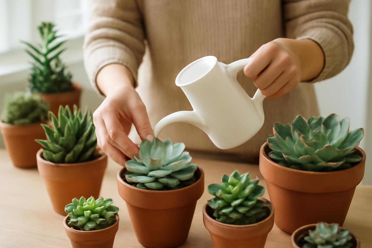 Egy személy pozsgás növényeket öntöz egy fehér öntözőkannával.