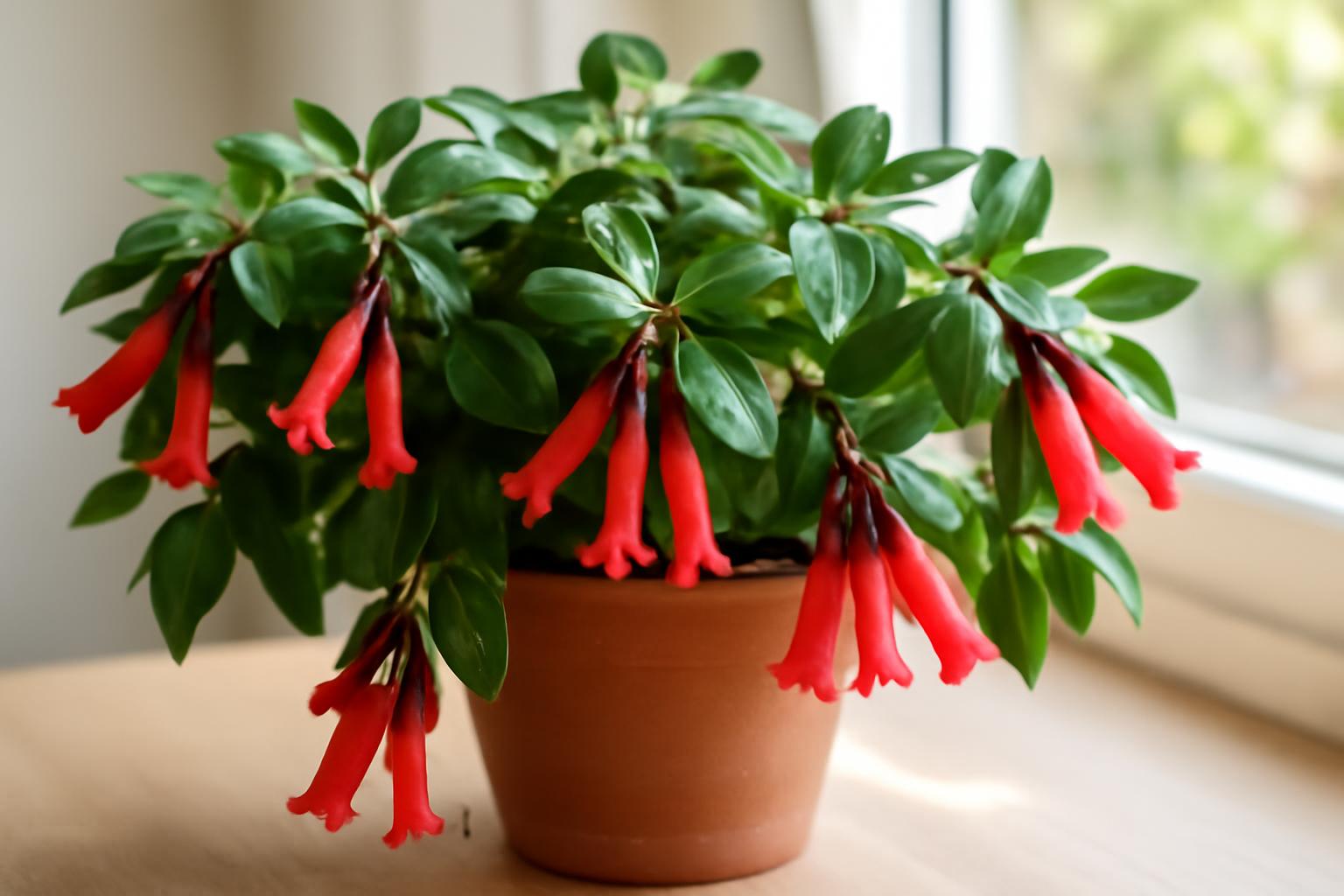 Az Aeschynanthus, vagy rúzsvirág, élénk piros virágokkal díszített zöld levelekkel rendelkező szobanövény.