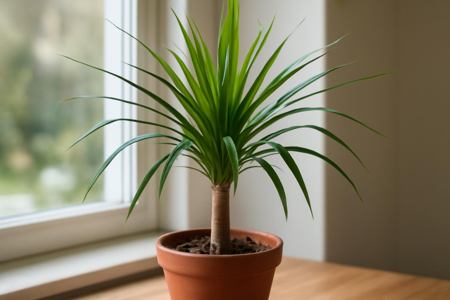 Egy sárkányfa (dracéna) zöld levelekkel, cserépben, napfényben.