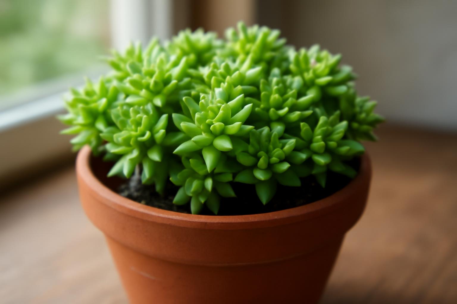 Zöld varjúháj (Sedum) cserépben, dús levelekkel, napfényben.